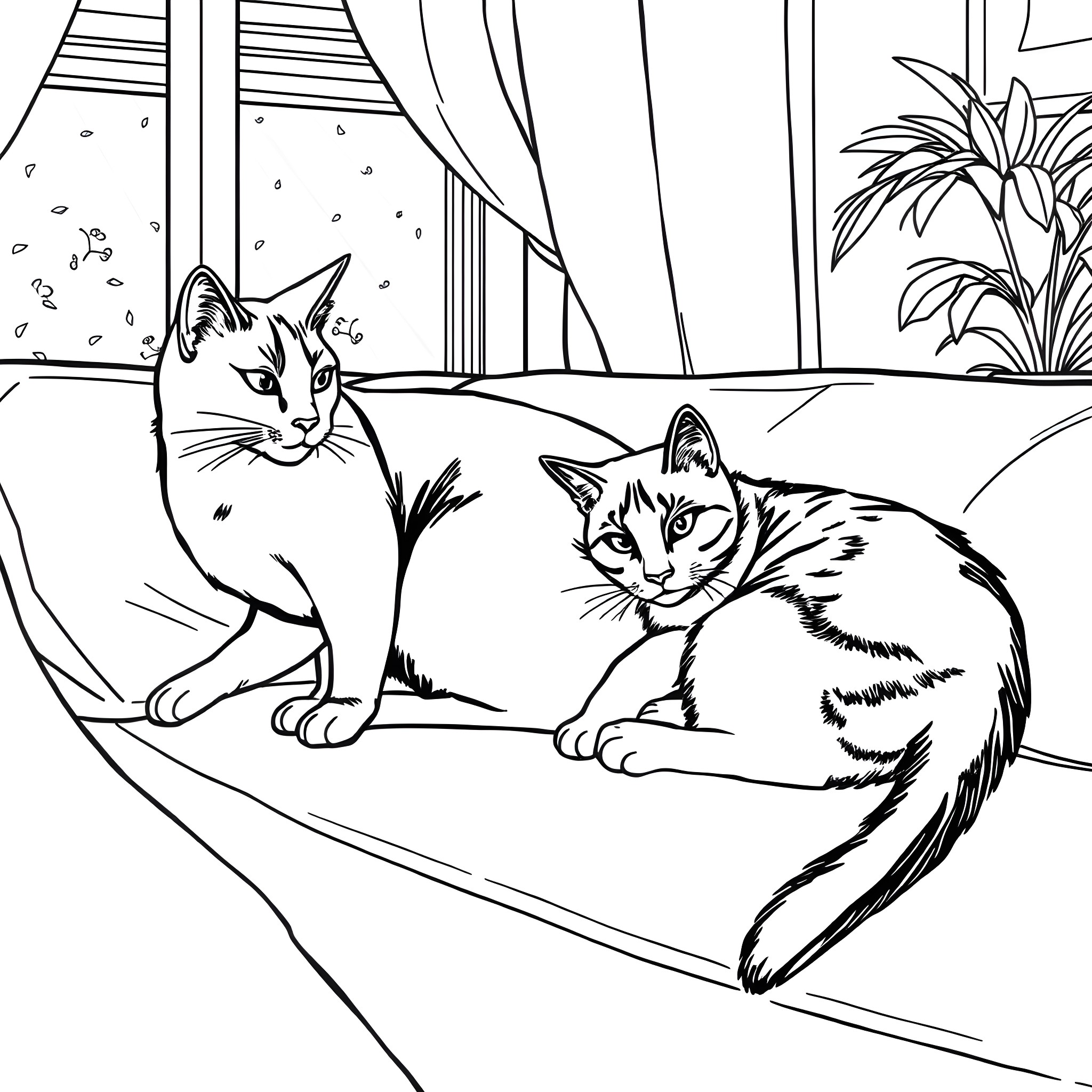 Cats resting in a cozy indoor setting Coloring Page (free black-and-white line drawing printable PDF for all, from beginners to advanced learners, including children, teens, adults, and seniors)