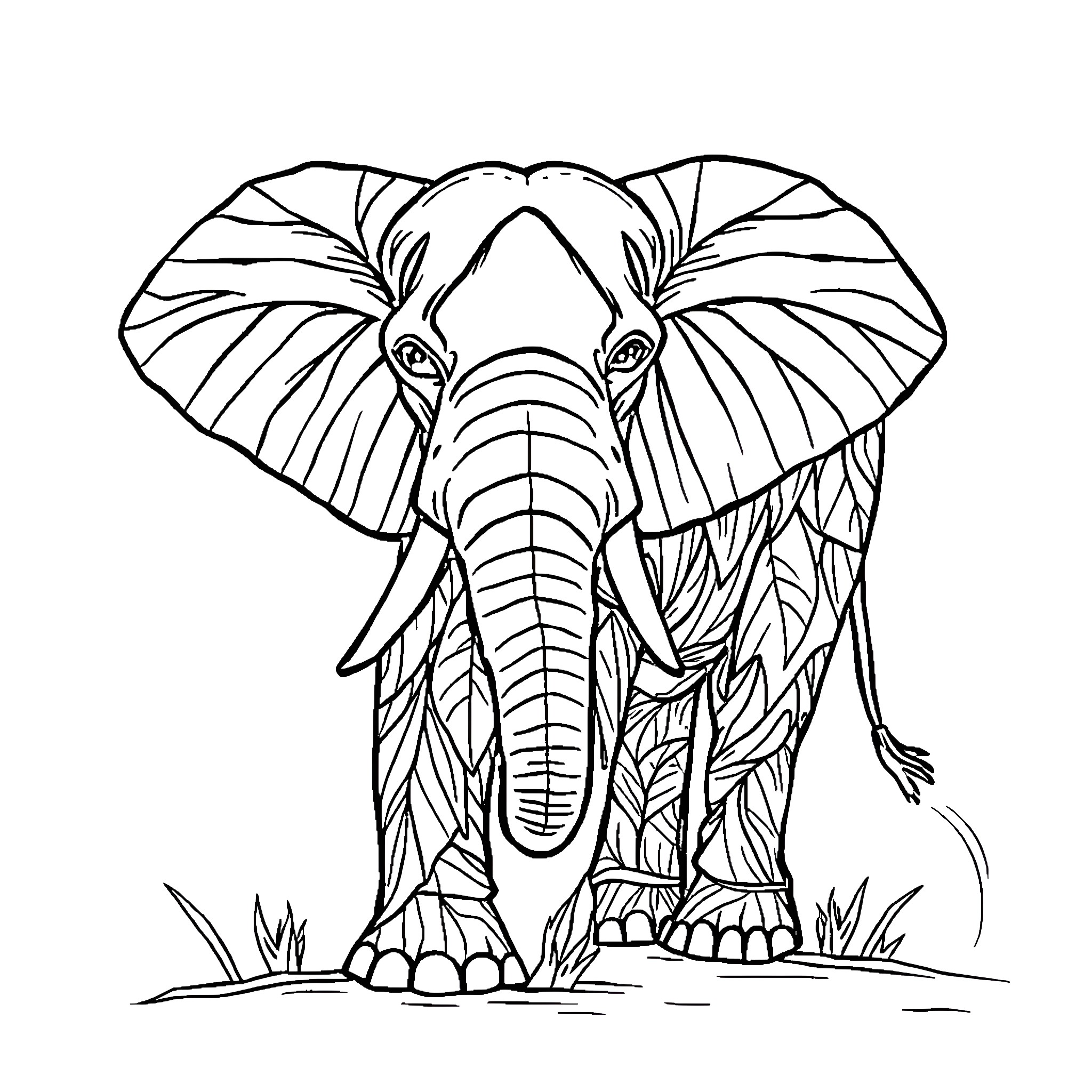 Elephant with intricate patterns and facial expressions Coloring Page (free black-and-white line drawing printable PDF for all, from beginners to advanced learners, including children, teens, adults, and seniors)