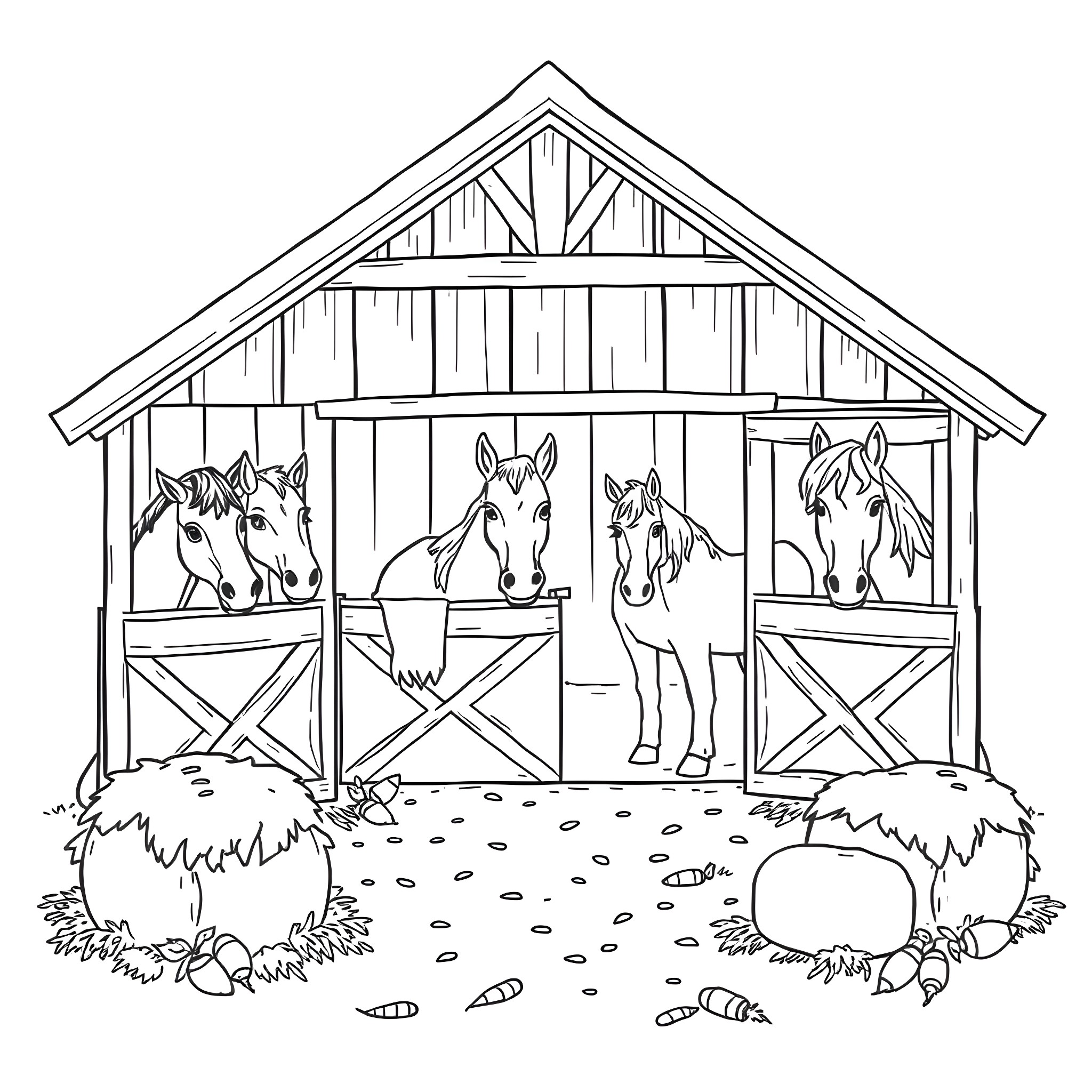Horses in a cozy barn Coloring Page (free black-and-white line drawing printable PDF for all, from beginners to advanced learners, including children, teens, adults, and seniors)