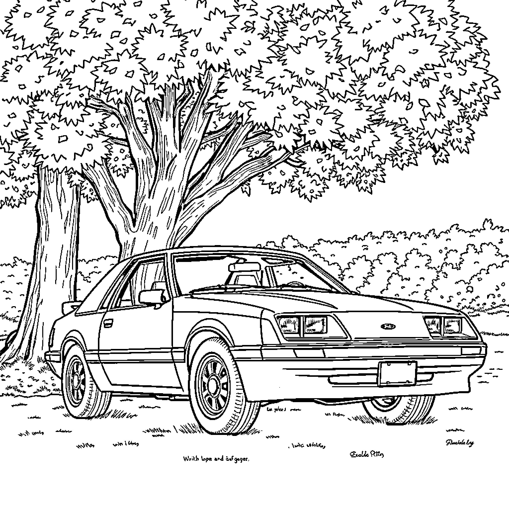Ford Mustang parked in serene outdoor scene Coloring Page (free black-and-white line drawing printable PDF for all, from beginners to advanced learners, including children, teens, adults, and seniors)