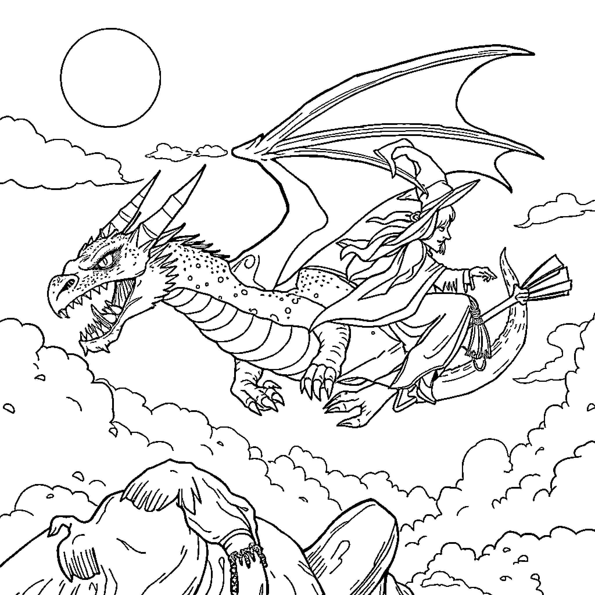 Dragon soaring through the cloudy sky Coloring Page (free black-and-white line drawing printable PDF for all, from beginners to advanced learners, including children, teens, adults, and seniors)