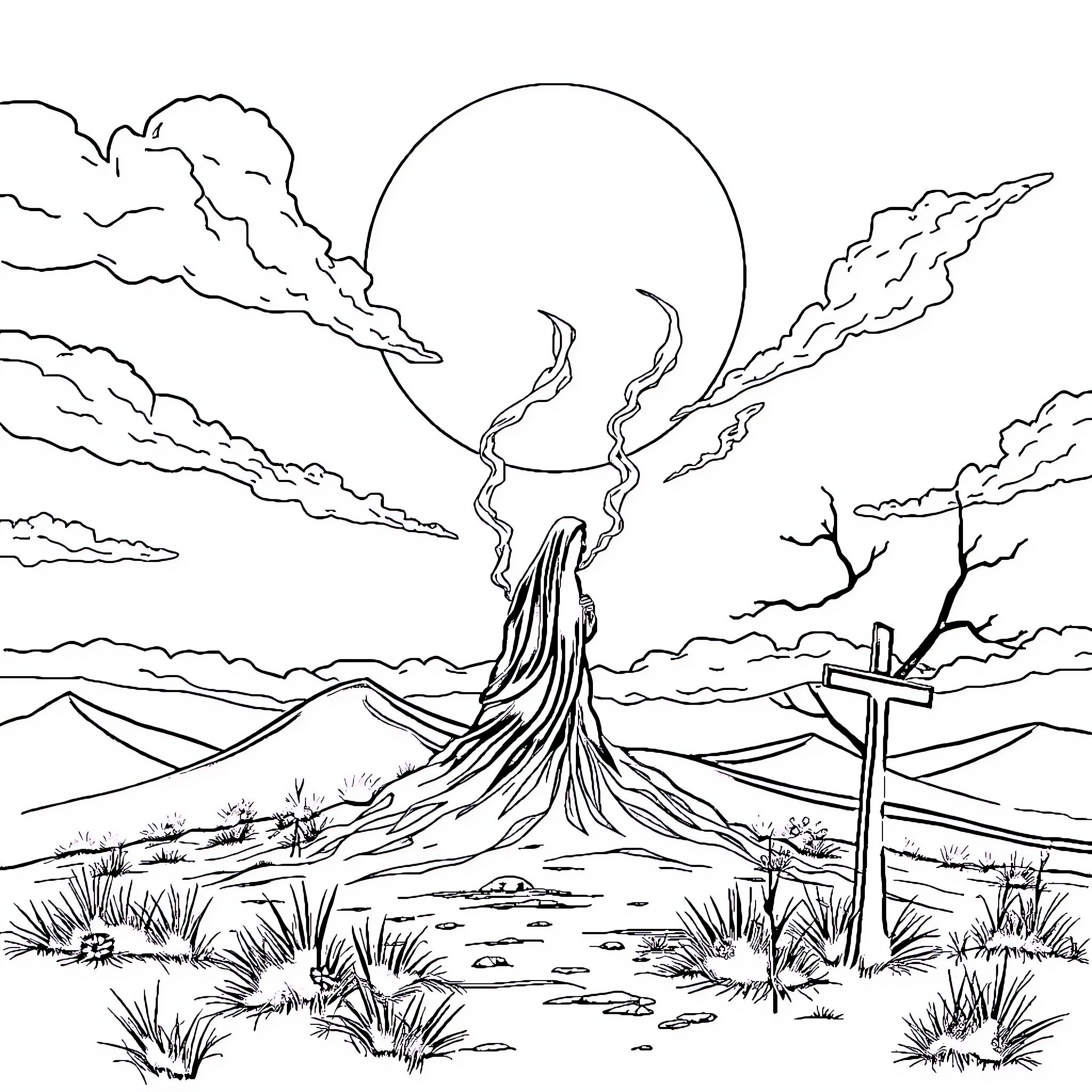 Death stalks the barren landscape Coloring Page (free black-and-white line drawing printable PDF for all, from beginners to advanced learners, including children, teens, adults, and seniors)