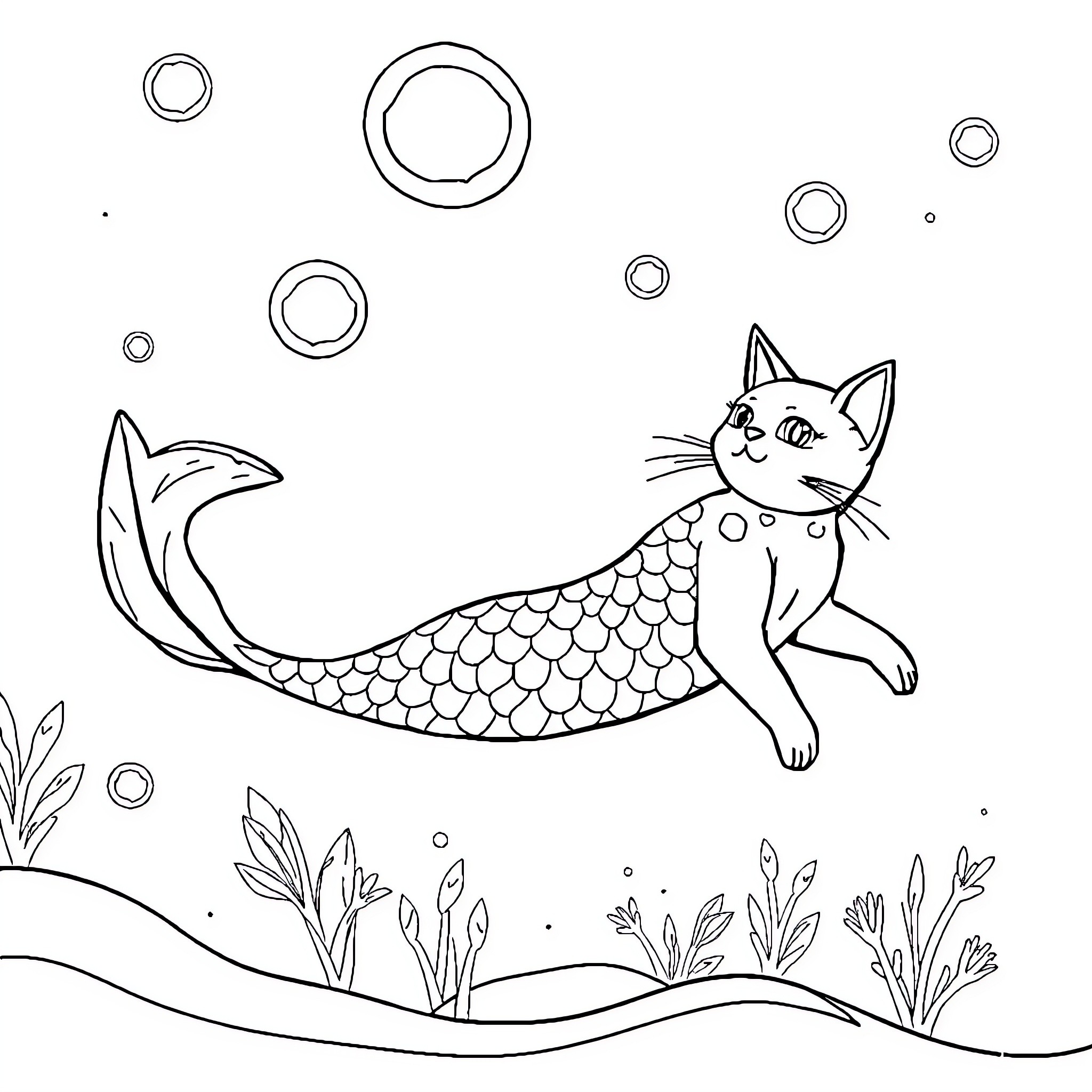 Mermaid Cat swimming underwater with bubbles Coloring Page (free black-and-white line drawing printable PDF for all, from beginners to advanced learners, including children, teens, adults, and seniors)