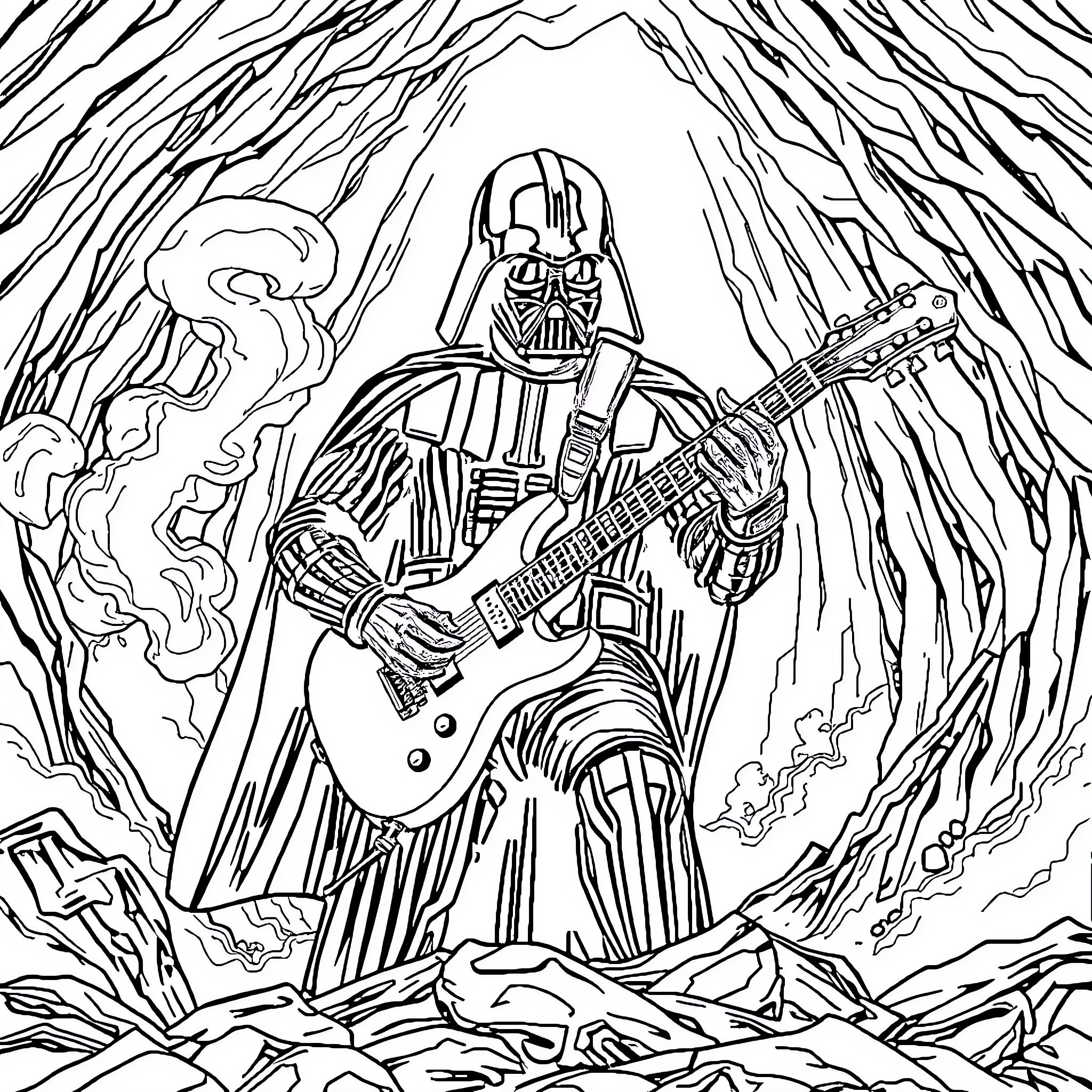 Darth Vader rocks out in a cosmic scene Coloring Page (free black-and-white line drawing printable PDF for all, from beginners to advanced learners, including children, teens, adults, and seniors)