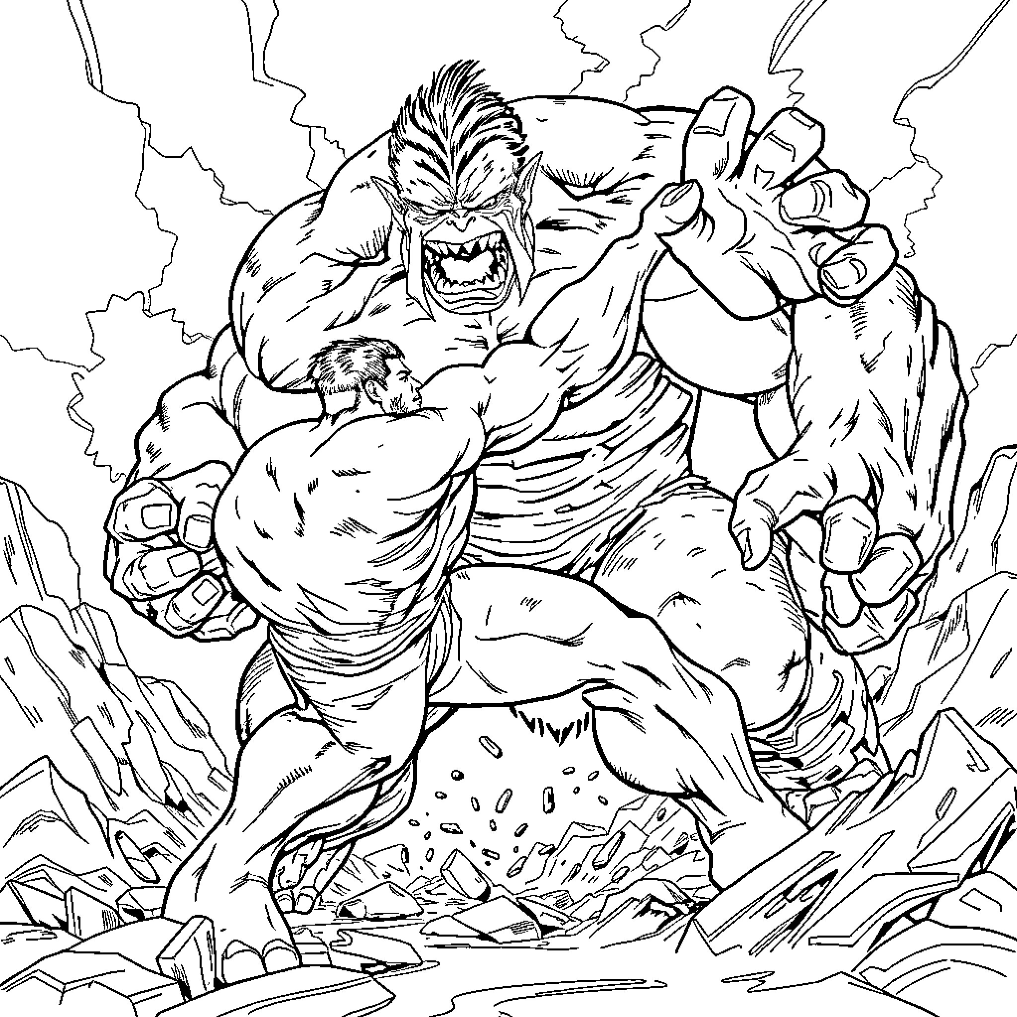 Hulk destroying the environment with raw power Coloring Page (free black-and-white line drawing printable PDF for all, from beginners to advanced learners, including children, teens, adults, and seniors)
