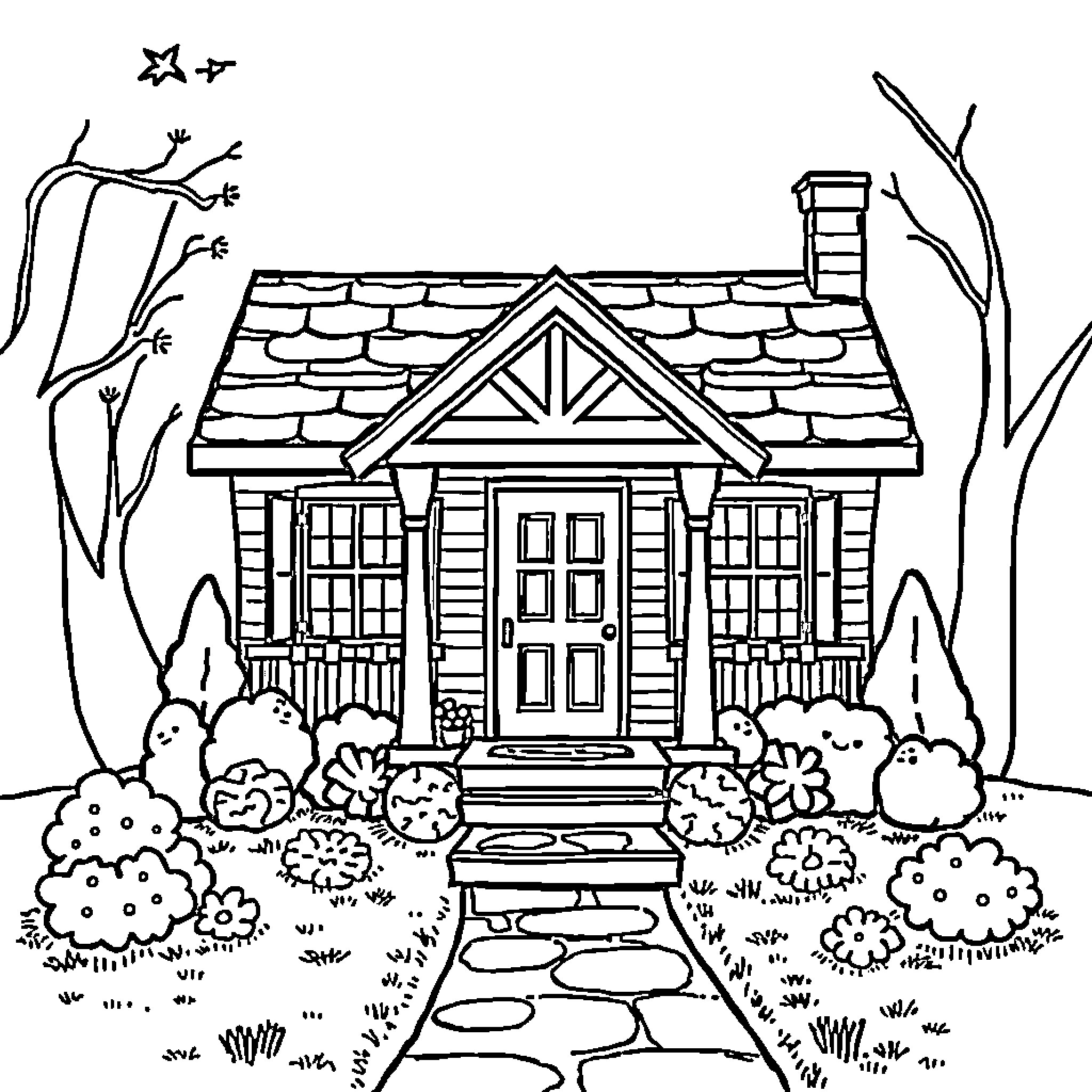 House with Ornate Entrance and Lush Surroundings Coloring Page (free black-and-white line drawing printable PDF for all, from beginners to advanced learners, including children, teens, adults, and seniors)