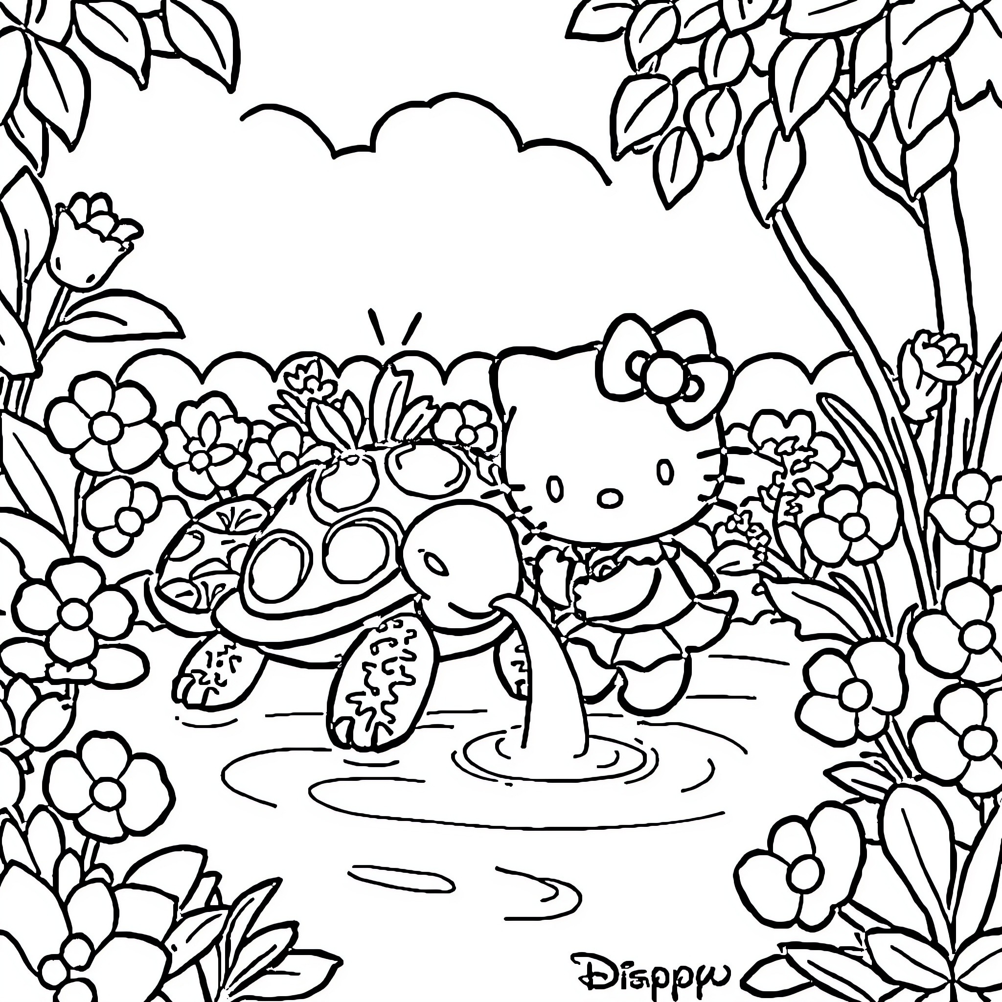 Turtle and friends playing in a floral garden Coloring Page (free black-and-white line drawing printable PDF for all, from beginners to advanced learners, including children, teens, adults, and seniors)