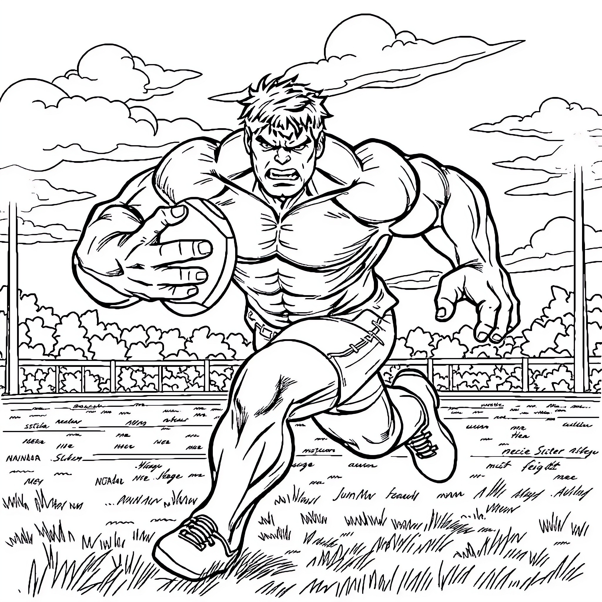 Hulk Running with Determination in Outdoor Scene Coloring Page (free black-and-white line drawing printable PDF for all, from beginners to advanced learners, including children, teens, adults, and seniors)