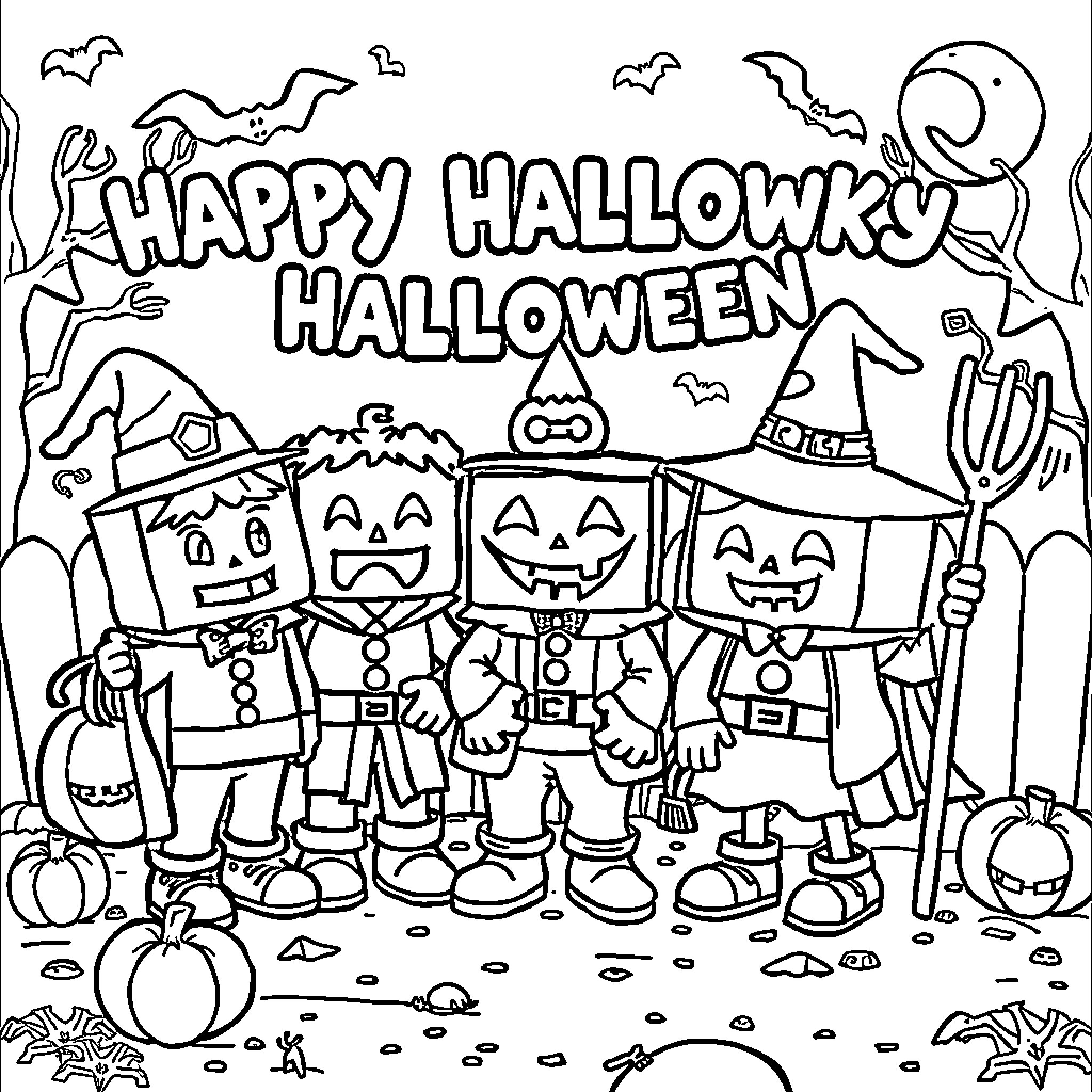 Numberblocks Celebrating Spooky Halloween Coloring Page (free black-and-white line drawing printable PDF for all, from beginners to advanced learners, including children, teens, adults, and seniors)