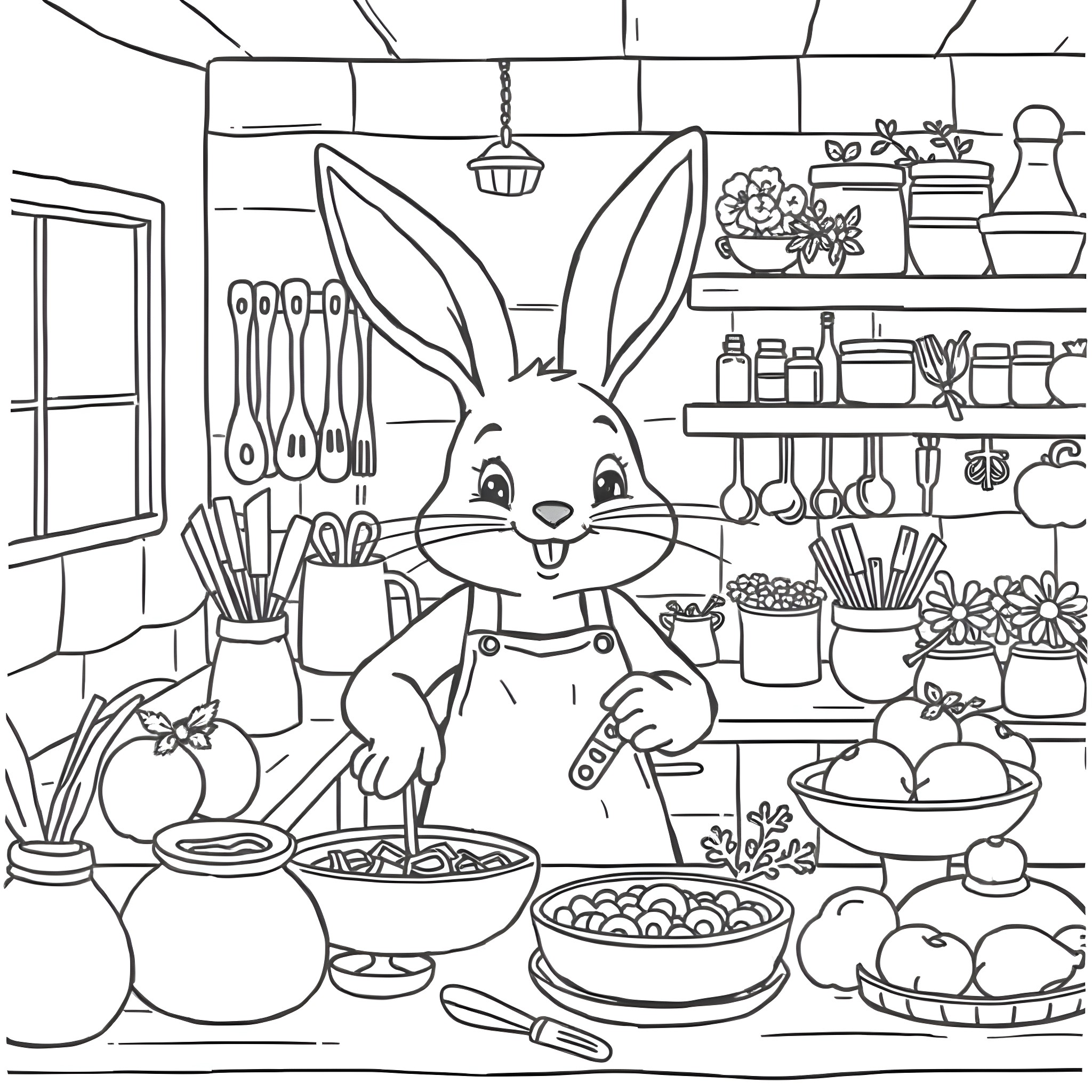 Bunny cooking joyfully in the kitchen Coloring Page (free black-and-white line drawing printable PDF for all, from beginners to advanced learners, including children, teens, adults, and seniors)