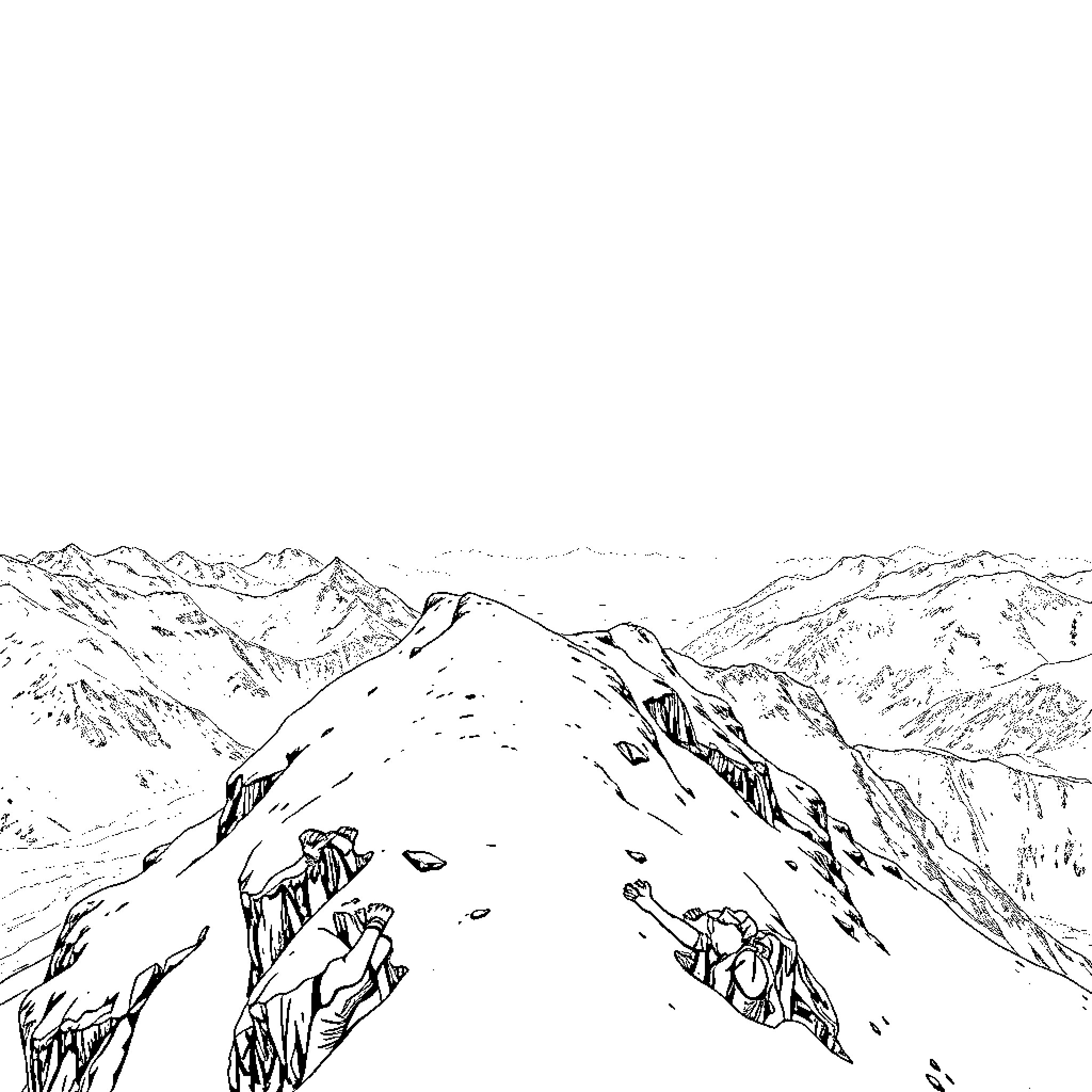 Mountain landscape with snow-capped peaks Coloring Page (free black-and-white line drawing printable PDF for all, from beginners to advanced learners, including children, teens, adults, and seniors)