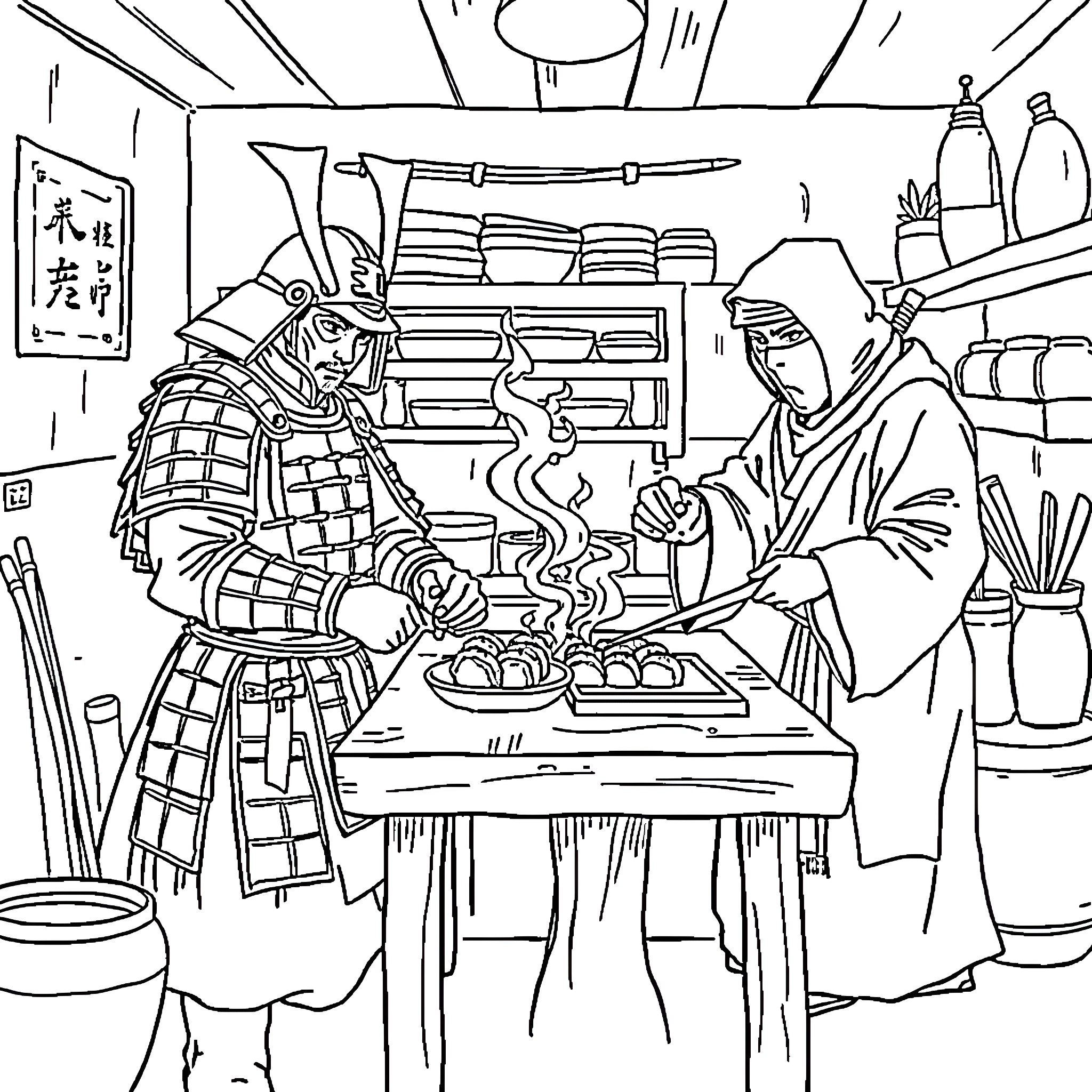 Samurai preparing a meal in traditional kitchen setting Coloring Page (free black-and-white line drawing printable PDF for all, from beginners to advanced learners, including children, teens, adults, and seniors)