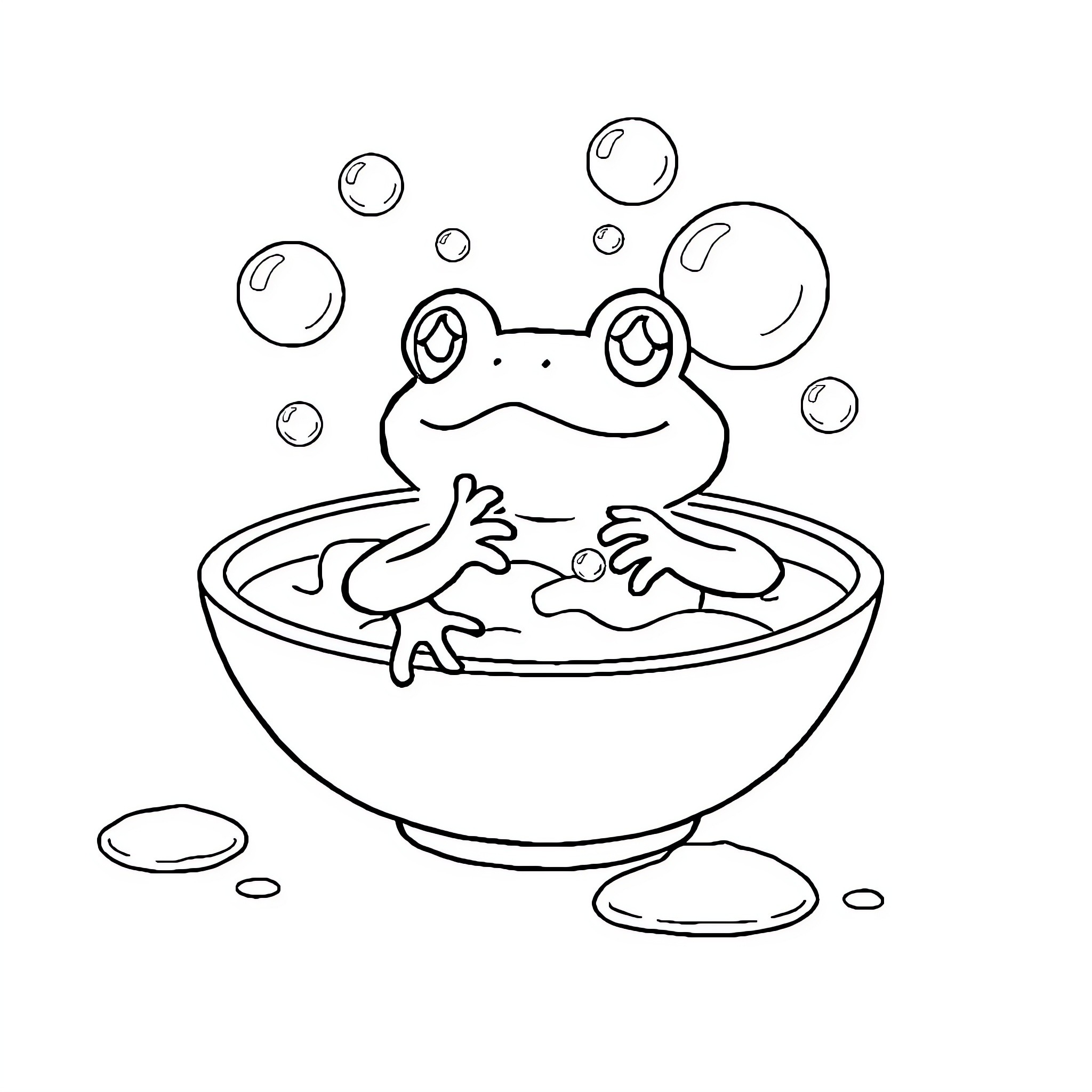 Frog relaxing in a bubble bath Coloring Page (free black-and-white line drawing printable PDF for all, from beginners to advanced learners, including children, teens, adults, and seniors)