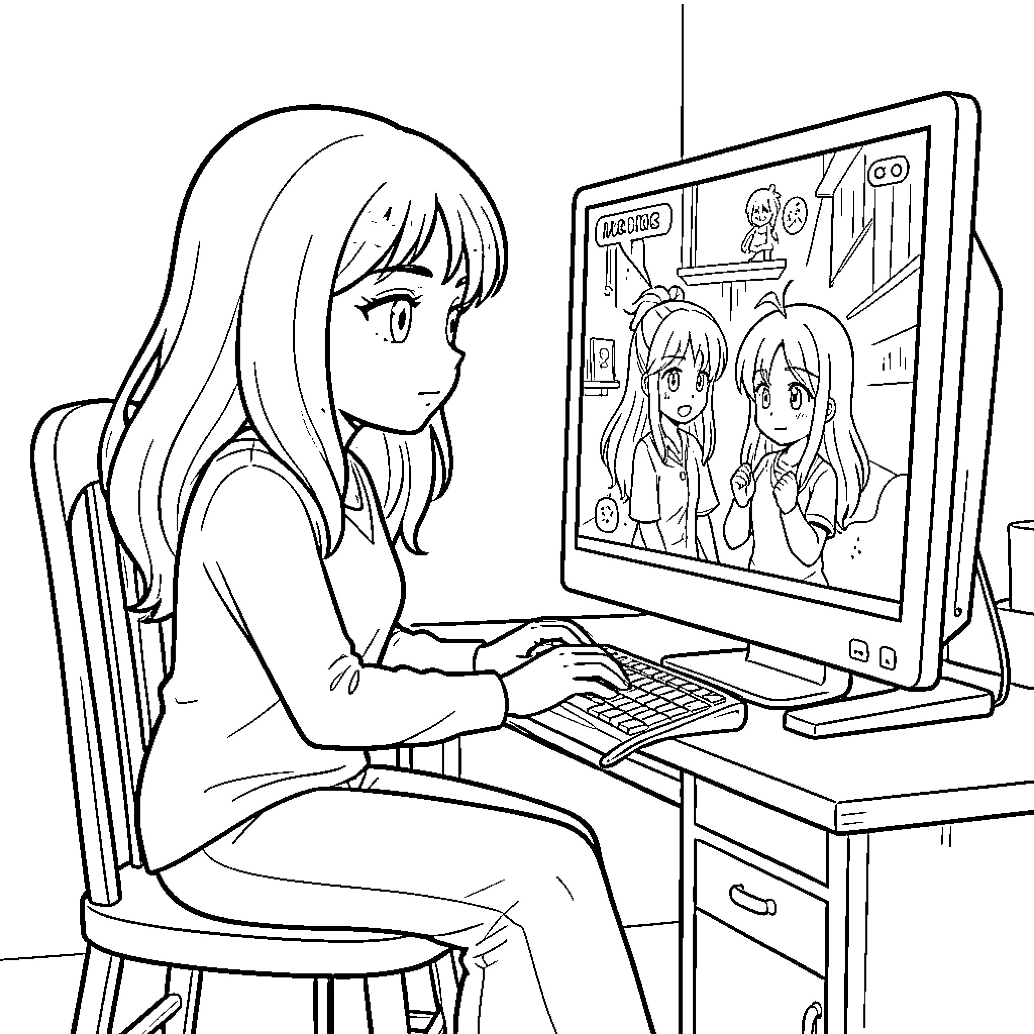 Chica typing on a computer while watching a video Coloring Page (free black-and-white line drawing printable PDF for all, from beginners to advanced learners, including children, teens, adults, and seniors)