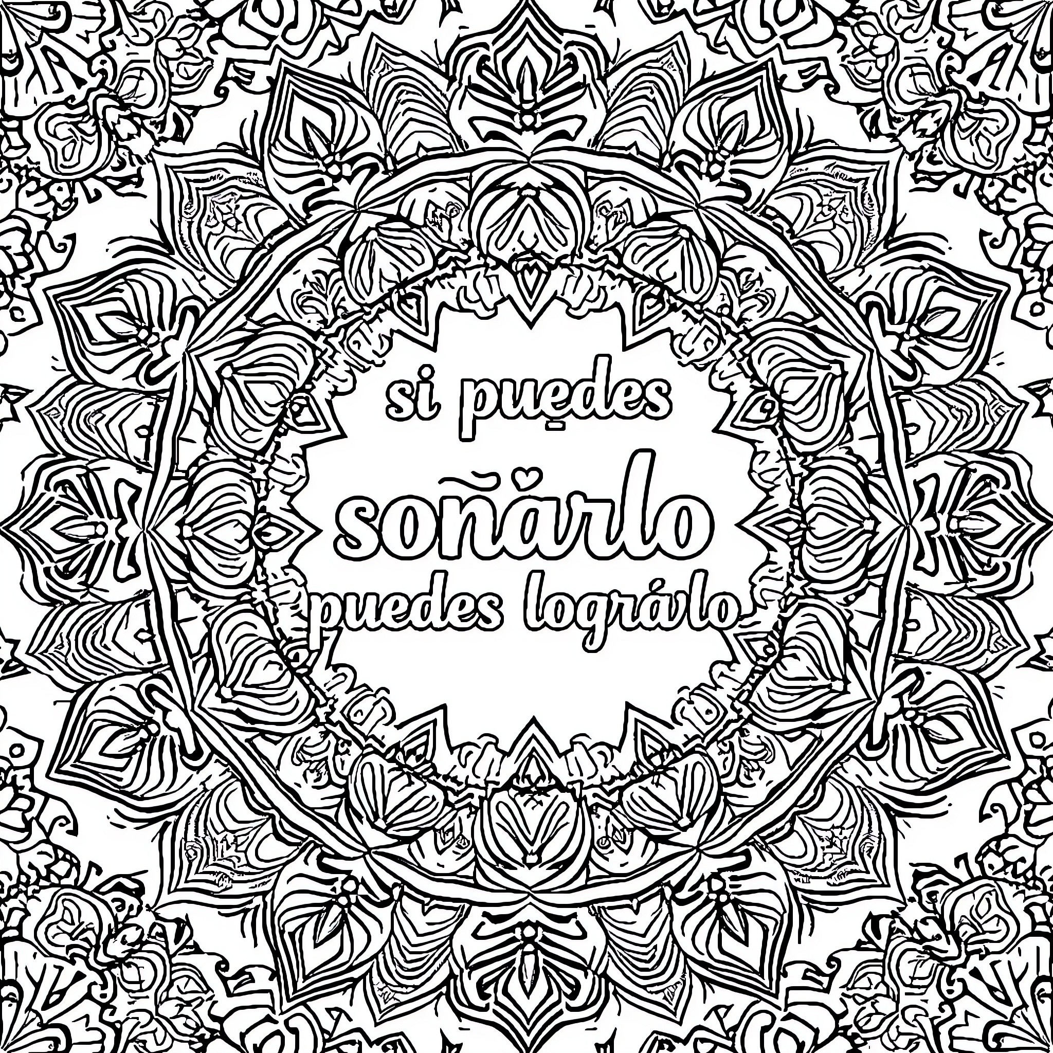 Mandala pattern with calligraphic text Coloring Page (free black-and-white line drawing printable PDF for all, from beginners to advanced learners, including children, teens, adults, and seniors)