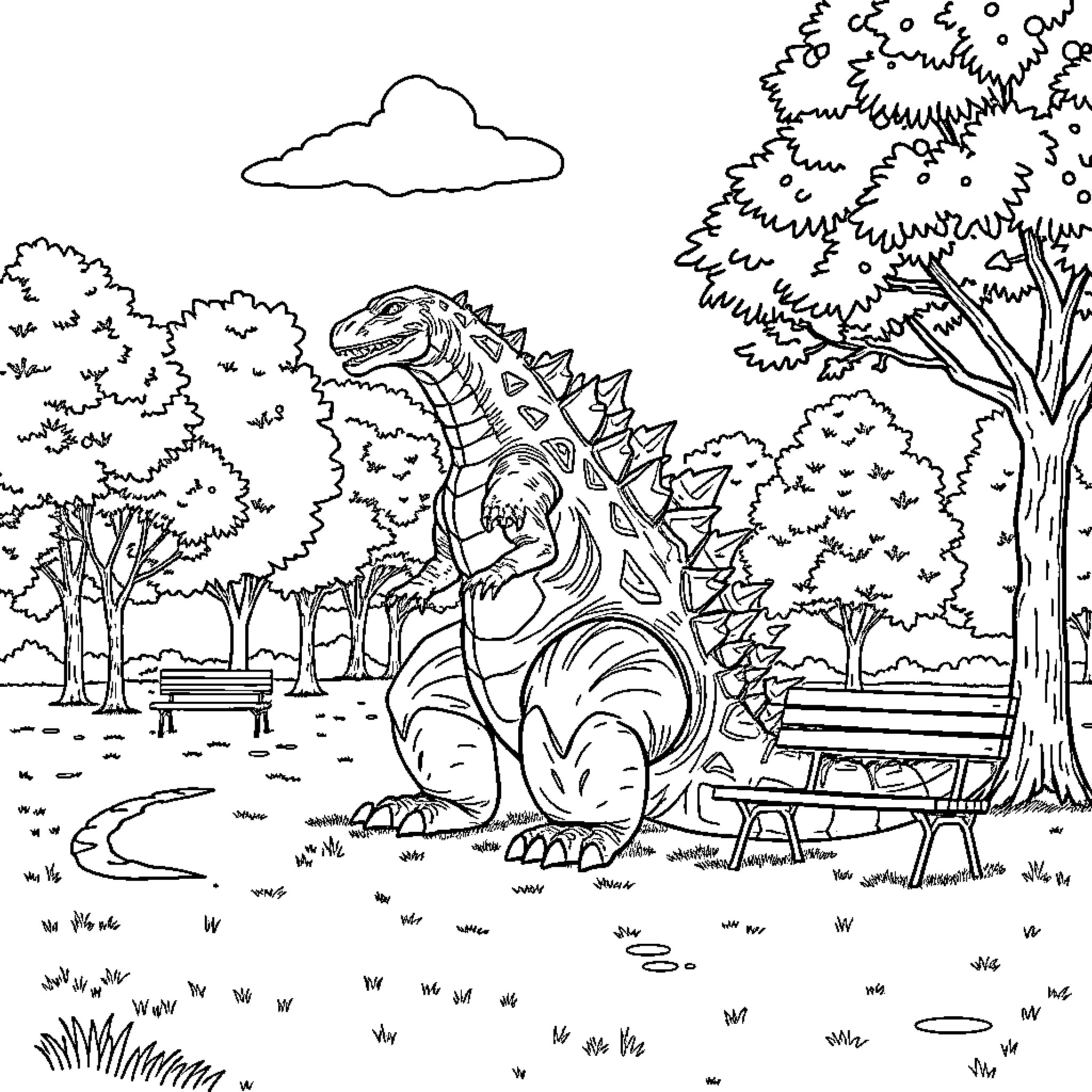 Godzilla Rampaging Through a Peaceful Park Coloring Page (free black-and-white line drawing printable PDF for all, from beginners to advanced learners, including children, teens, adults, and seniors)