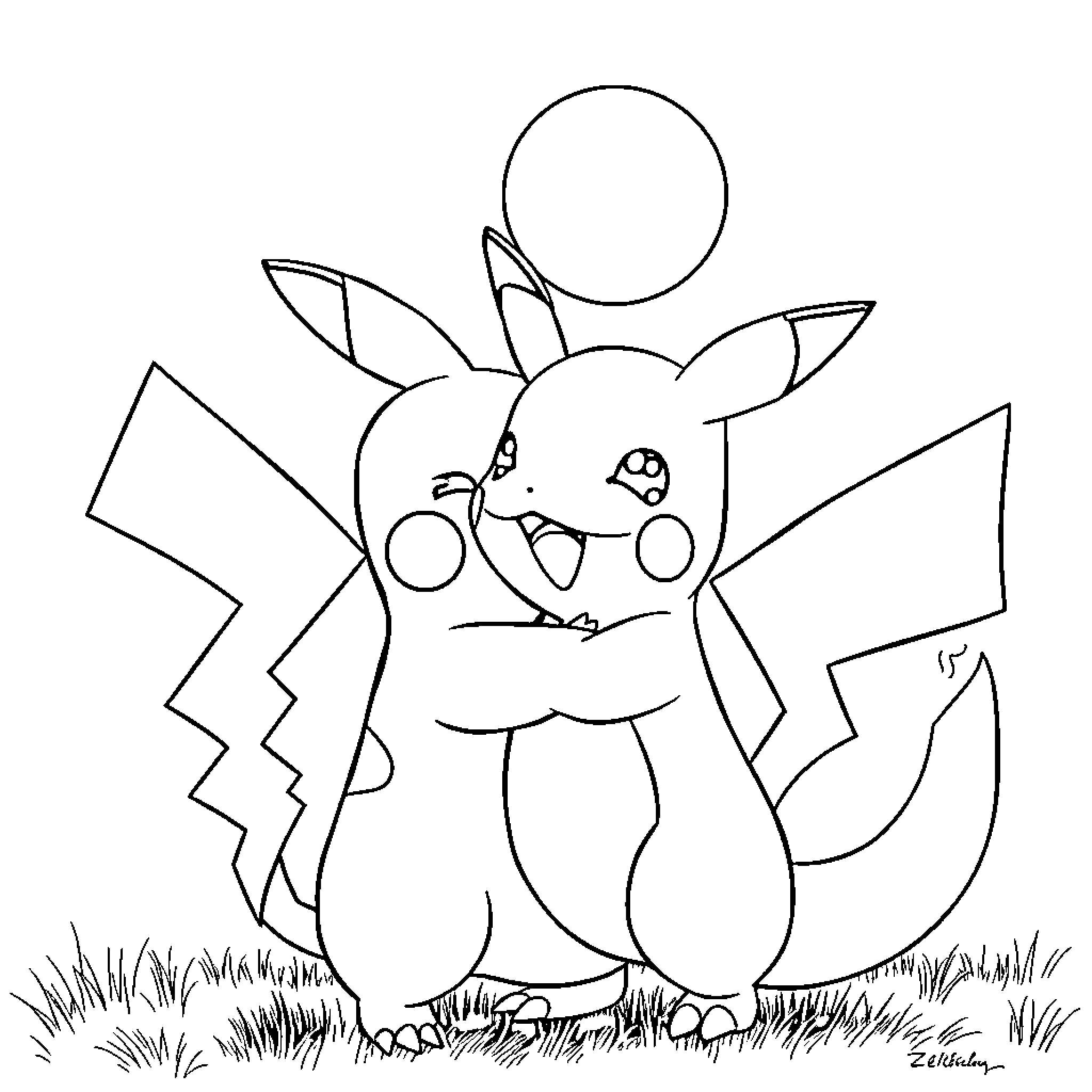Pikachu playing joyfully in the field Coloring Page (free black-and-white line drawing printable PDF for all, from beginners to advanced learners, including children, teens, adults, and seniors)