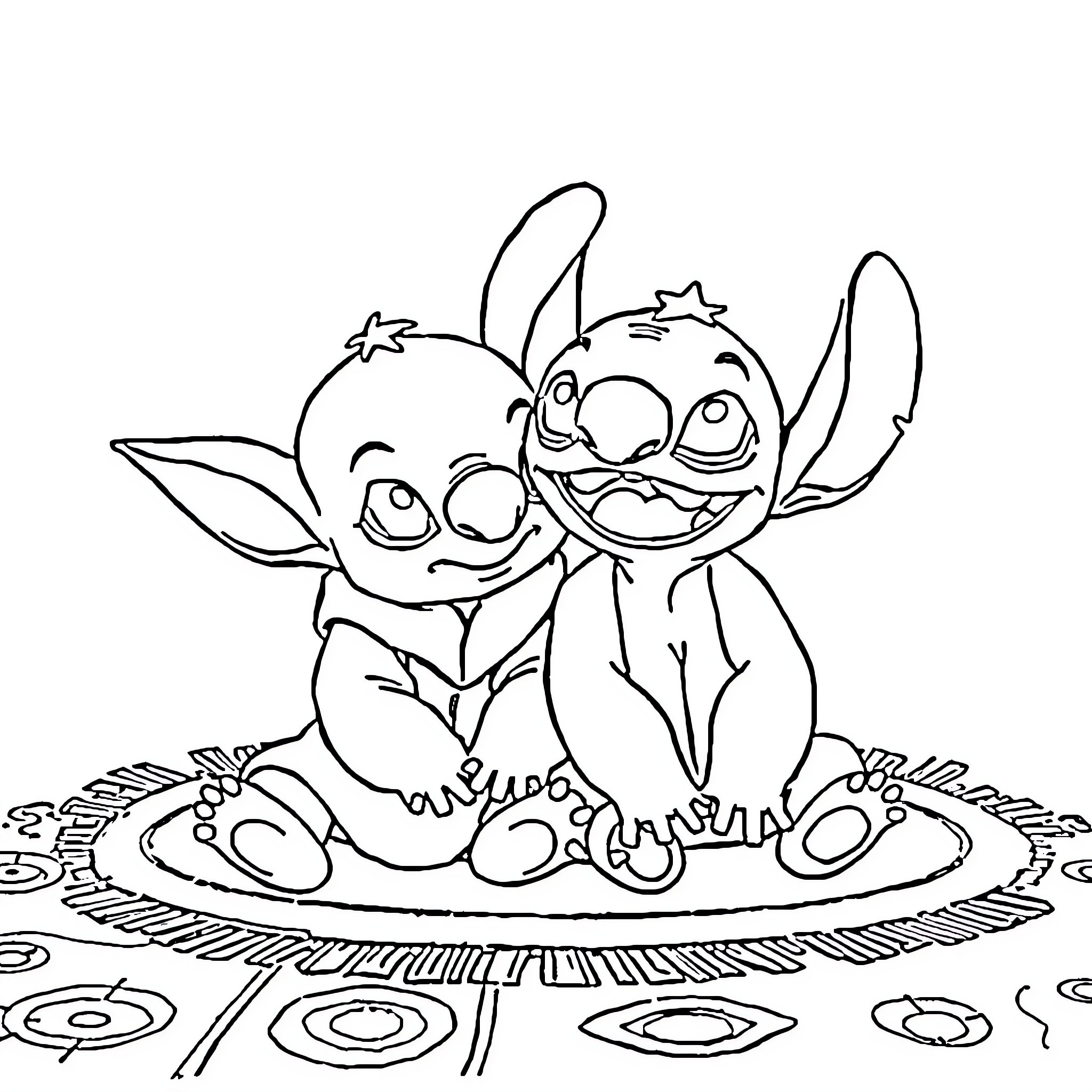 Yoda-like characters in a whimsical scene Coloring Page (free black-and-white line drawing printable PDF for all, from beginners to advanced learners, including children, teens, adults, and seniors)