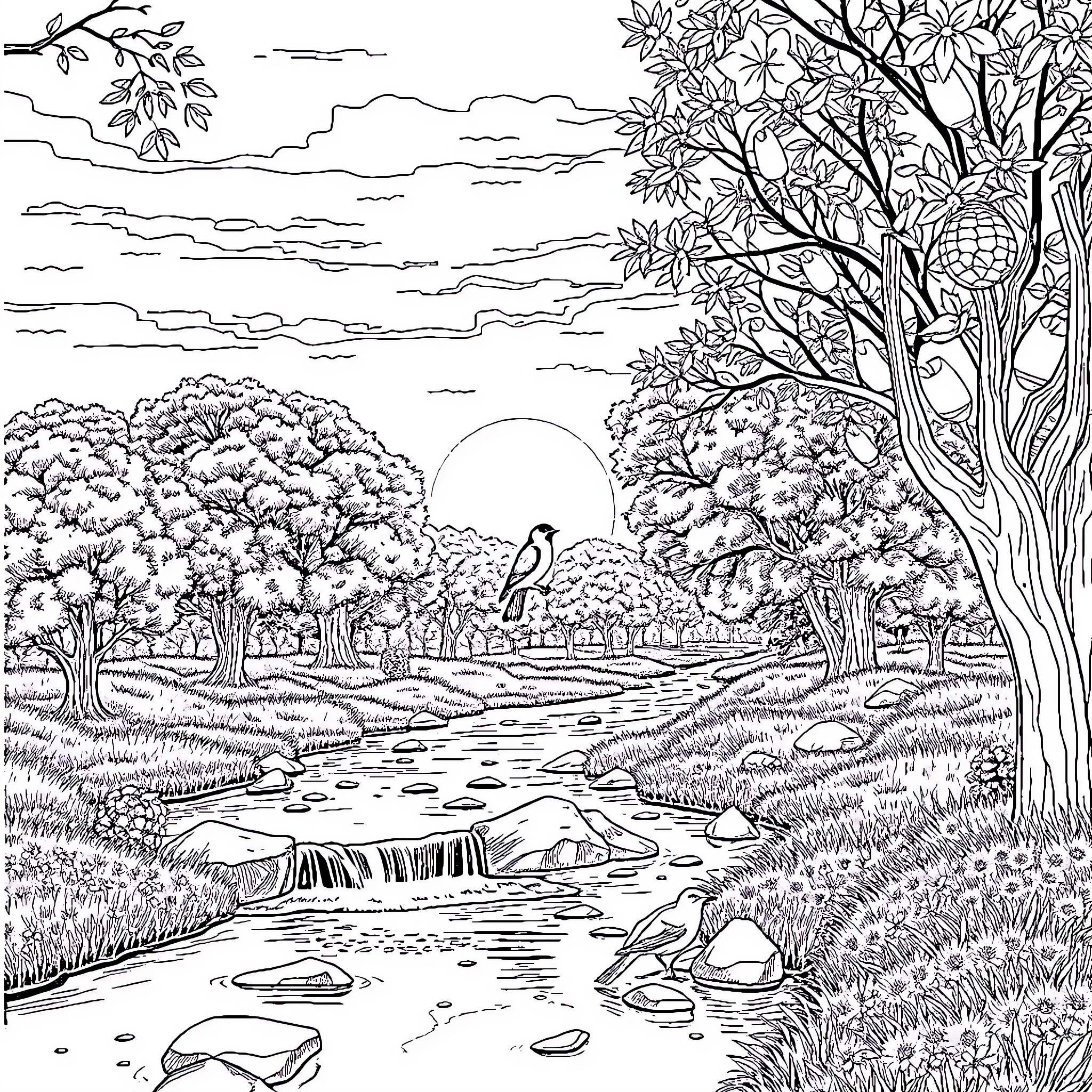 Sunrise over peaceful natural landscape Coloring Page (free black-and-white line drawing printable PDF for all, from beginners to advanced learners, including children, teens, adults, and seniors)