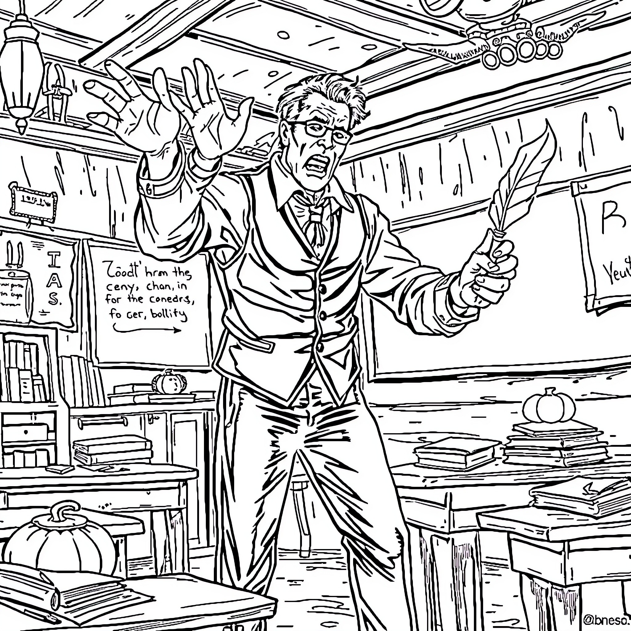 Ghost of a lecturer passionately gesturing in the classroom Coloring Page (free black-and-white line drawing printable PDF for all, from beginners to advanced learners, including children, teens, adults, and seniors)