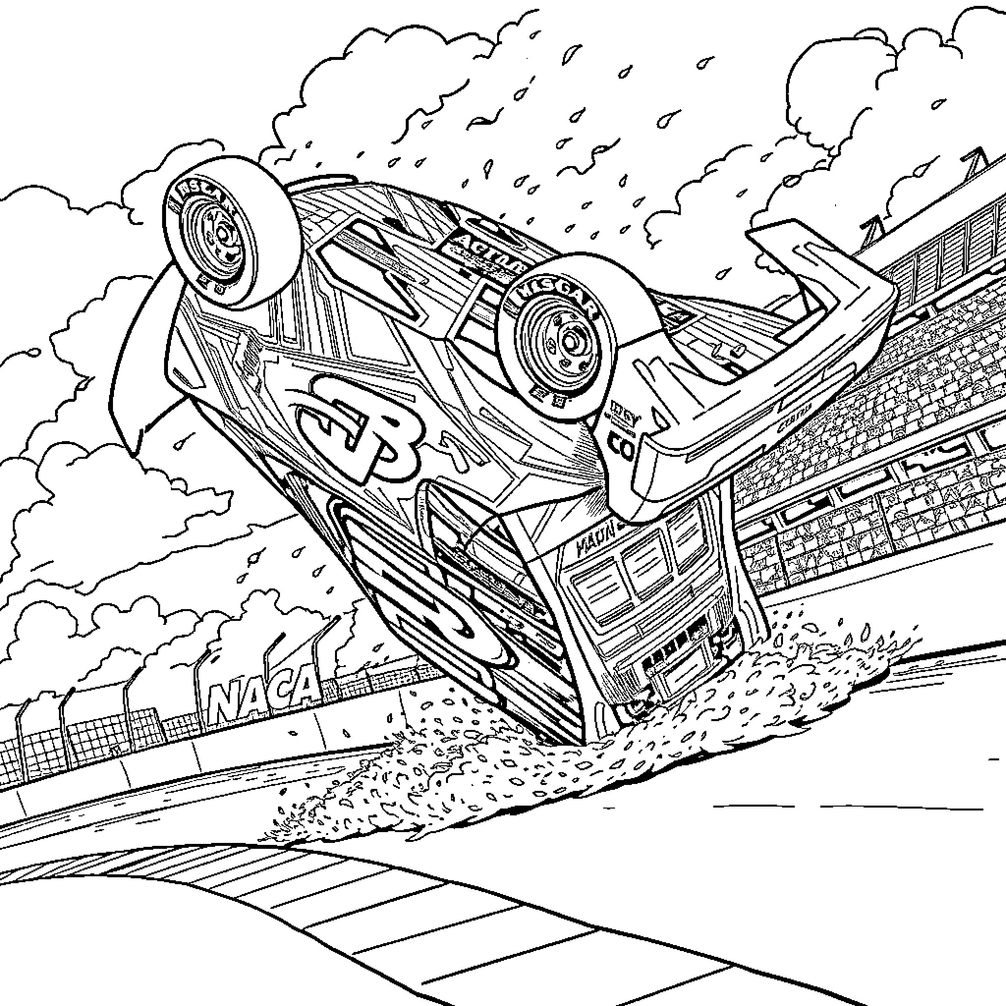 Joey Logano's race car flipping during a dramatic crash Coloring Page (free black-and-white line drawing printable PDF for all, from beginners to advanced learners, including children, teens, adults, and seniors)