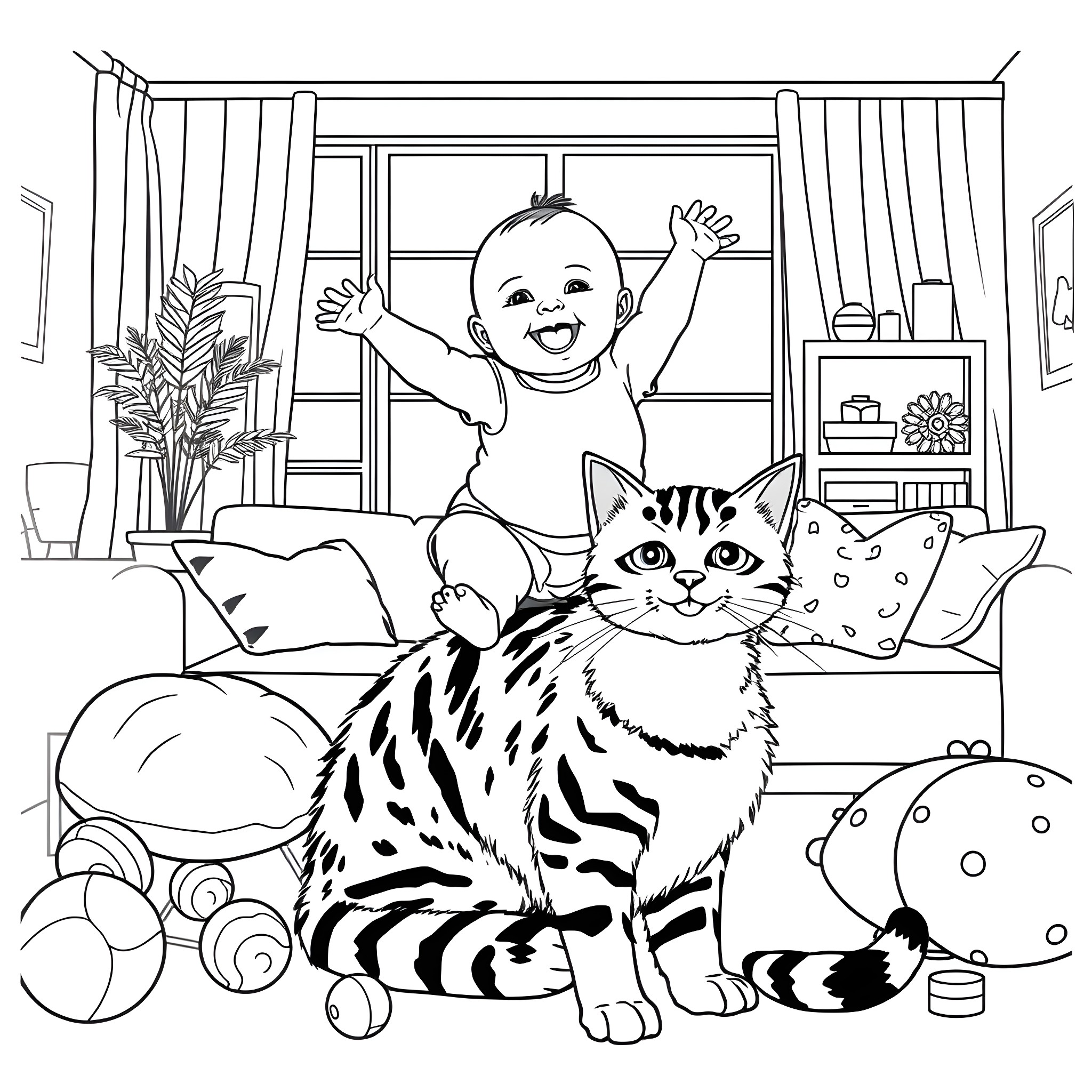 Baby Enjoying Playtime with Adorable Cat Coloring Page (free black-and-white line drawing printable PDF for all, from beginners to advanced learners, including children, teens, adults, and seniors)