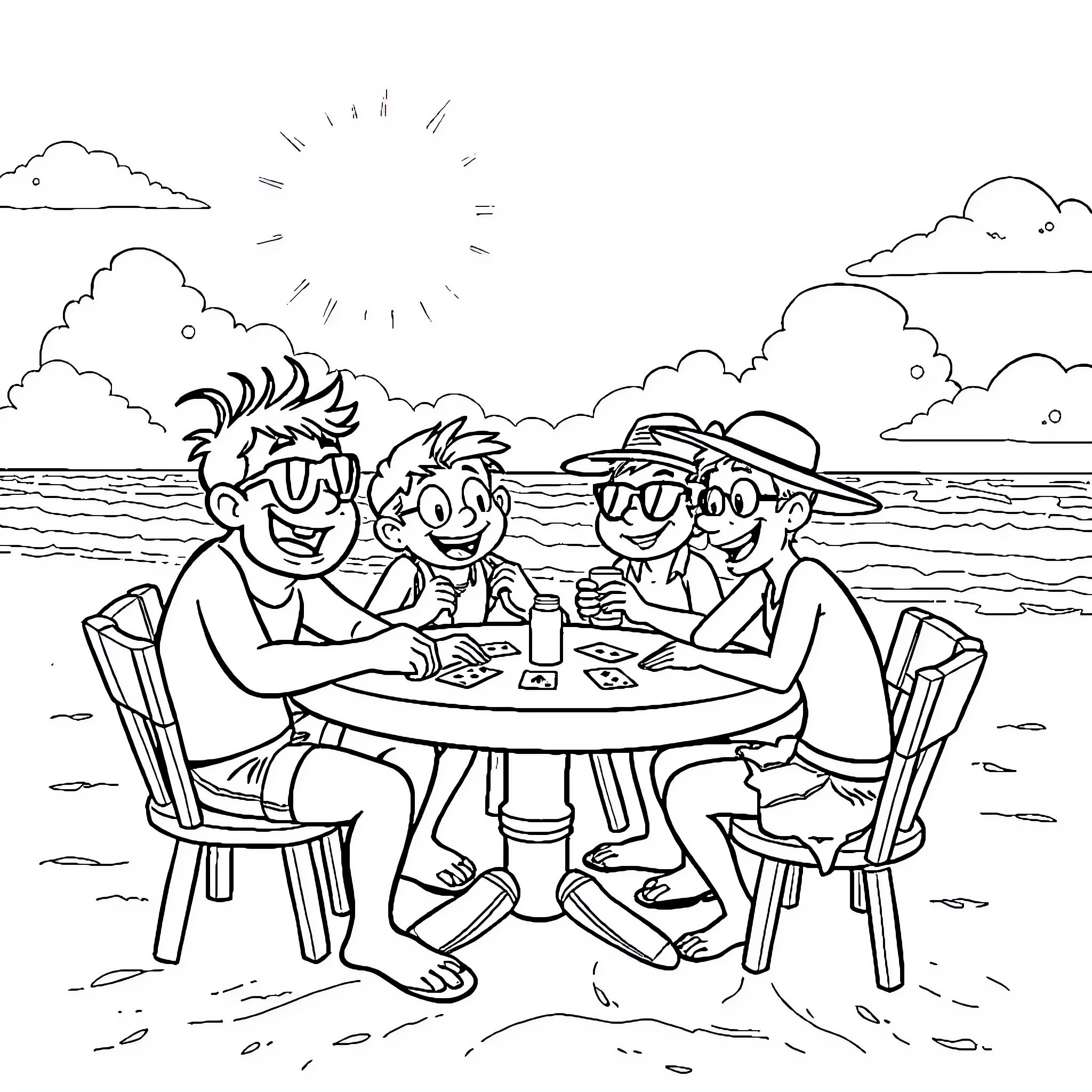 Bfdi Character friends having a beach picnic Coloring Page (free black-and-white line drawing printable PDF for all, from beginners to advanced learners, including children, teens, adults, and seniors)