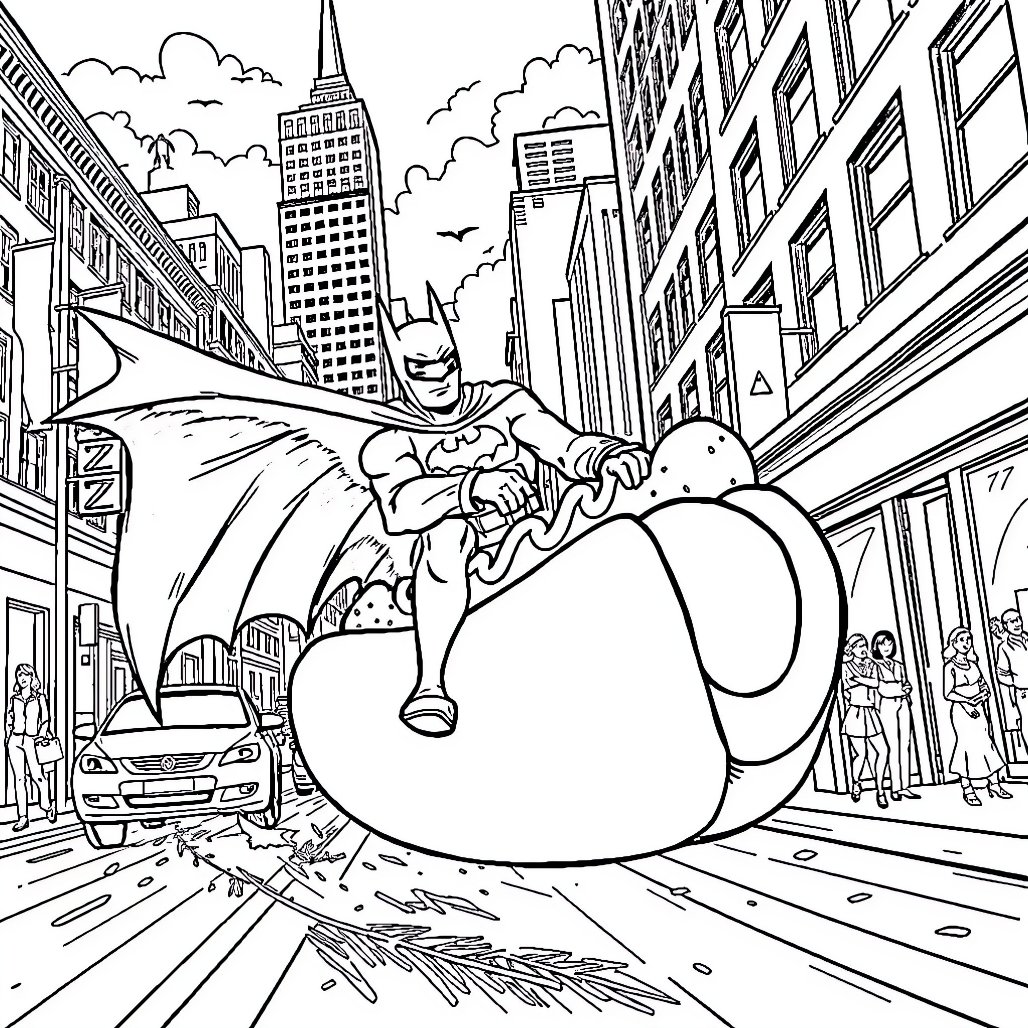 Batman soaring through the city streets Coloring Page (free black-and-white line drawing printable PDF for all, from beginners to advanced learners, including children, teens, adults, and seniors)
