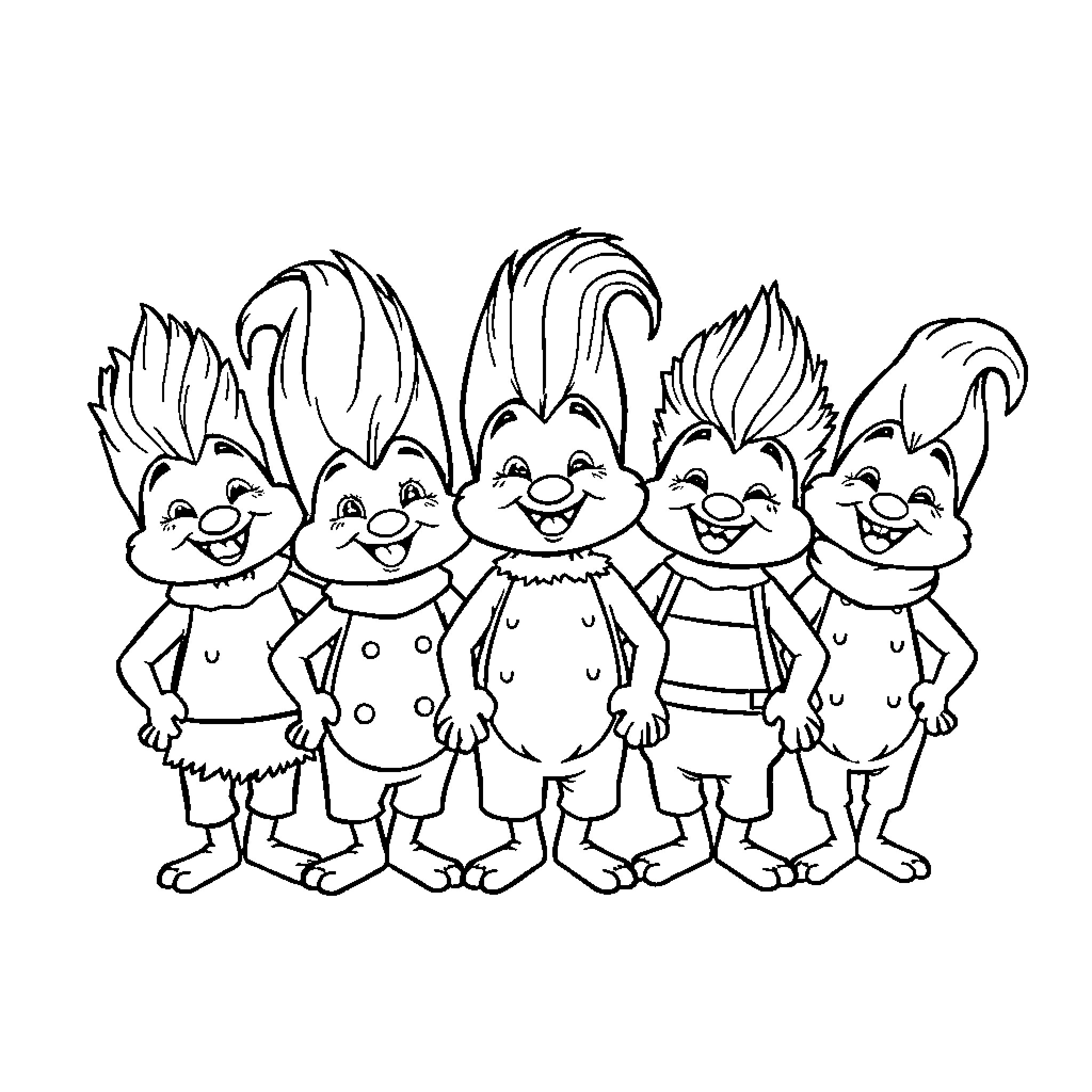 Sprunkie's playful trolls in fun outfits Coloring Page (free black-and-white line drawing printable PDF for all, from beginners to advanced learners, including children, teens, adults, and seniors)