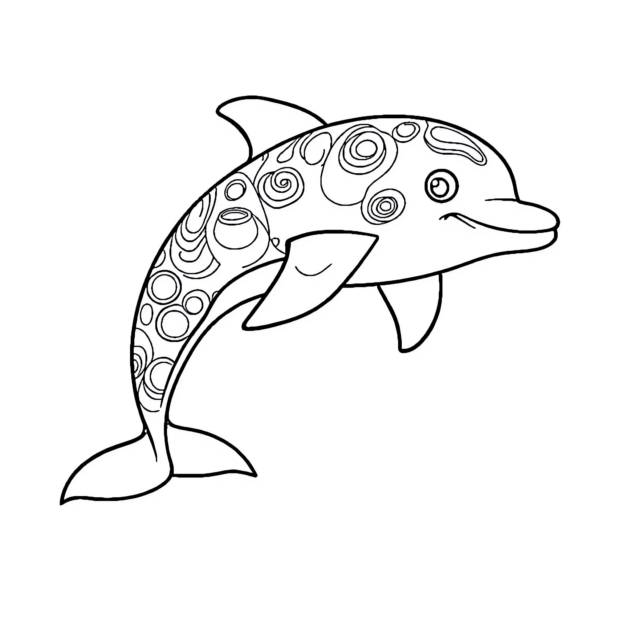 Dolphin swimming with patterned designs Coloring Page (free black-and-white line drawing printable PDF for all, from beginners to advanced learners, including children, teens, adults, and seniors)
