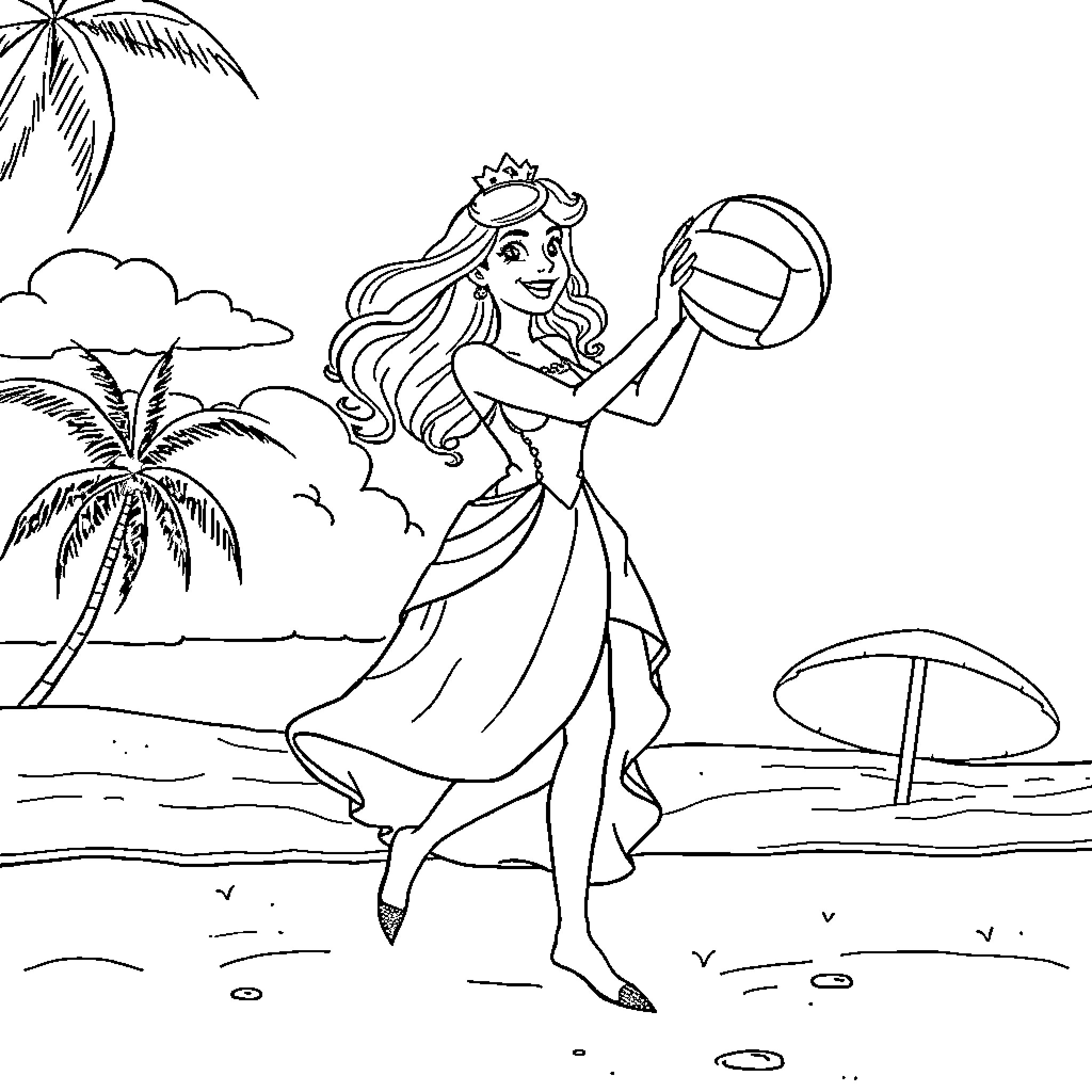 Princess playing volleyball on the beach Coloring Page (free black-and-white line drawing printable PDF for all, from beginners to advanced learners, including children, teens, adults, and seniors)