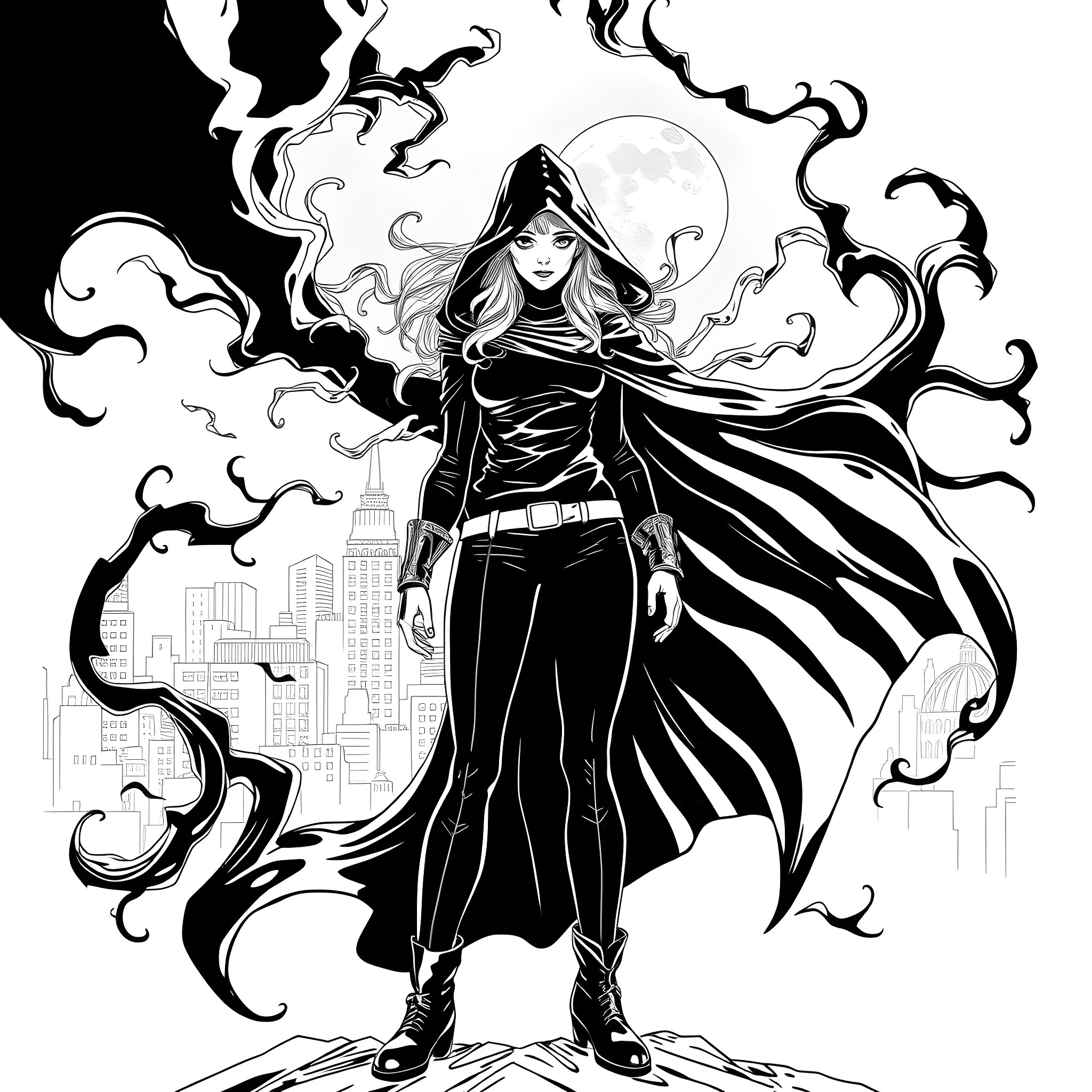 Harper's Enchanting Silhouette in the City Coloring Page (free black-and-white line drawing printable PDF for all, from beginners to advanced learners, including children, teens, adults, and seniors)