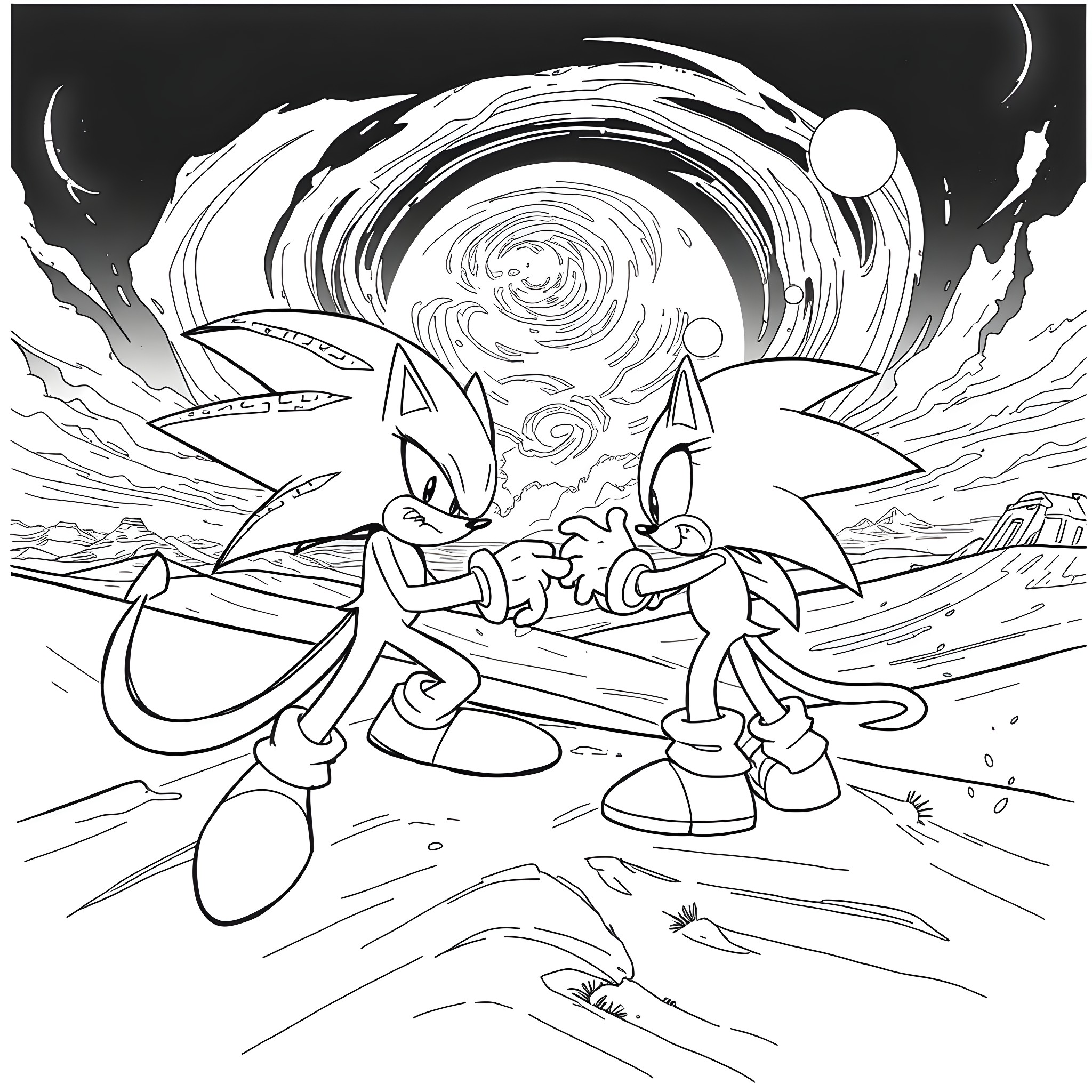 Cat characters in action-packed sci-fi landscape Coloring Page (free black-and-white line drawing printable PDF for all, from beginners to advanced learners, including children, teens, adults, and seniors)