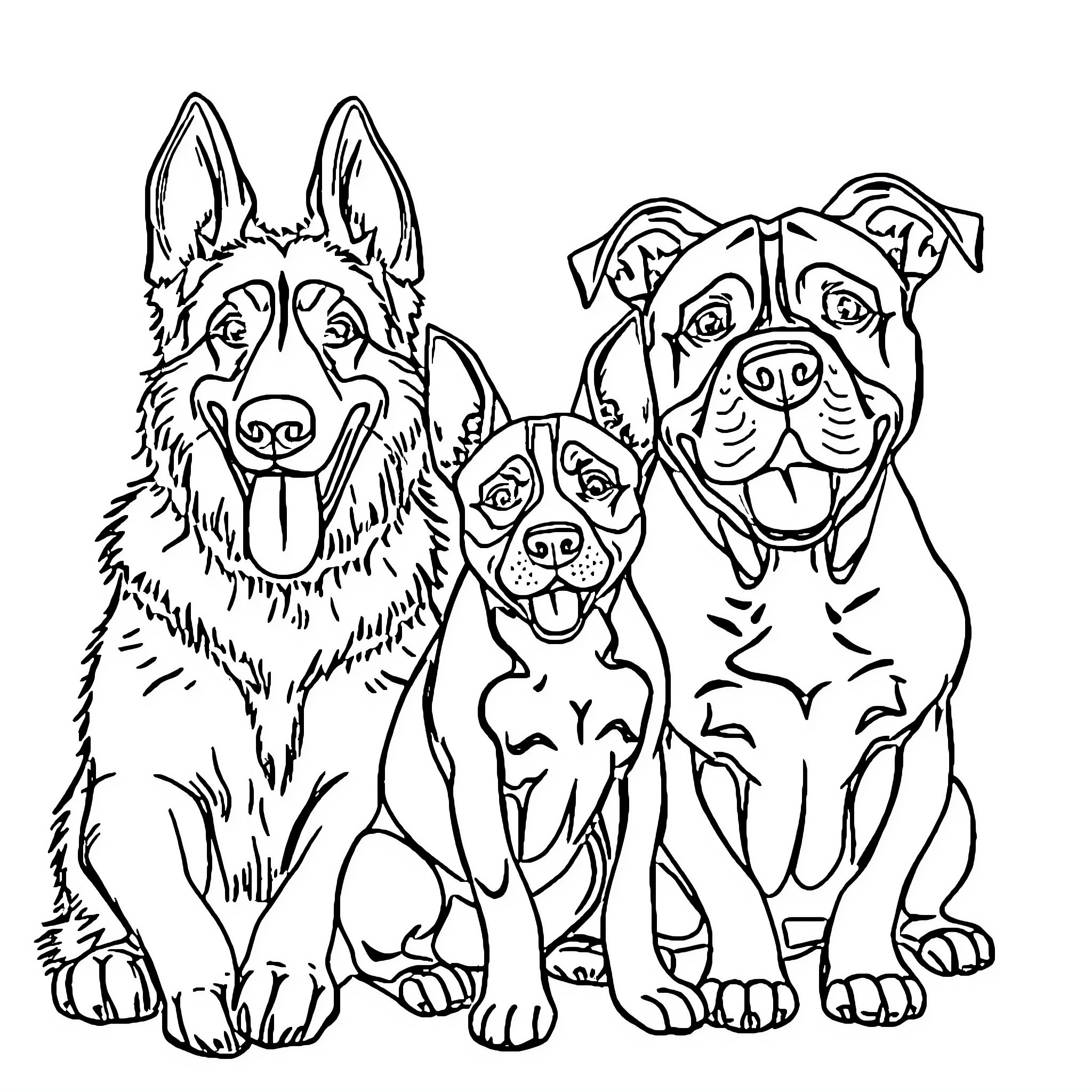 Dog Friends Posing Together Coloring Page (free black-and-white line drawing printable PDF for all, from beginners to advanced learners, including children, teens, adults, and seniors)