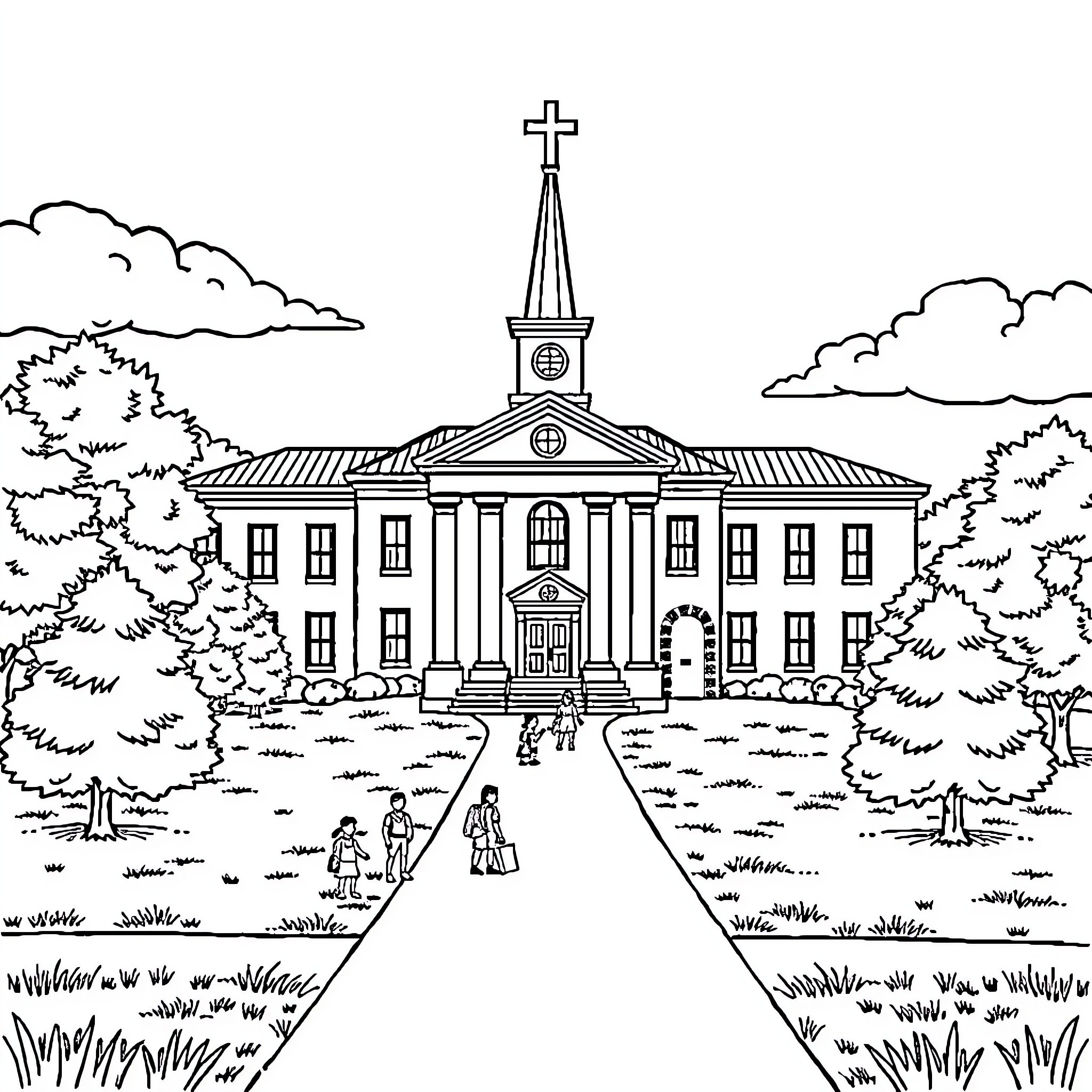Academy of Religious Architecture and Community Coloring Page (free black-and-white line drawing printable PDF for all, from beginners to advanced learners, including children, teens, adults, and seniors)