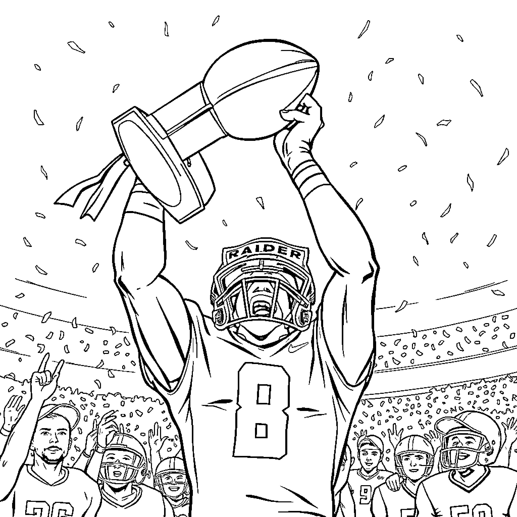 Raider Red Hoisting Championship Trophy with Teammates Coloring Page (free black-and-white line drawing printable PDF for all, from beginners to advanced learners, including children, teens, adults, and seniors)