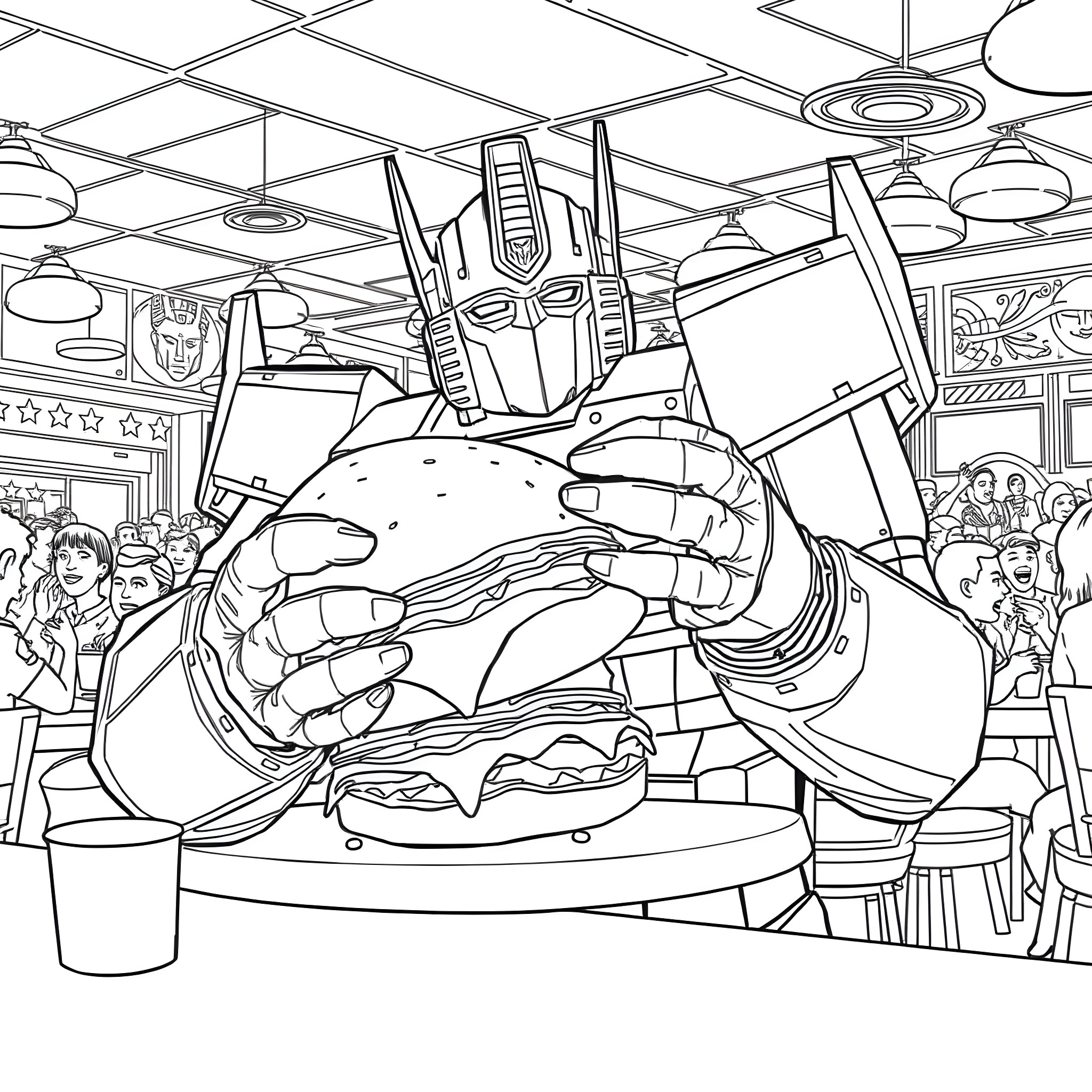 Optimus Prime enjoying a giant burger with a crowd Coloring Page (free black-and-white line drawing printable PDF for all, from beginners to advanced learners, including children, teens, adults, and seniors)