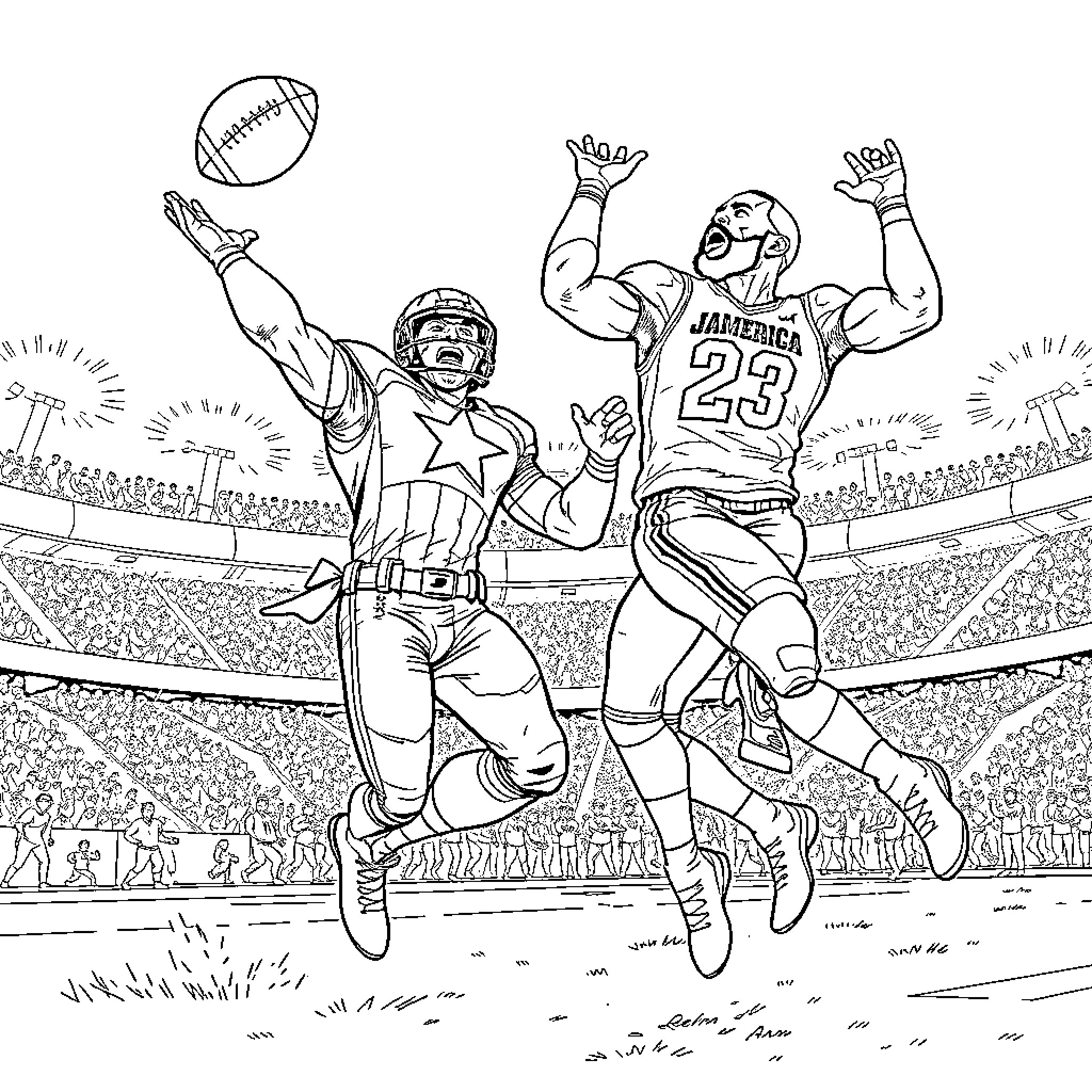 Captain America Football Players Battling in Stadium Coloring Page (free black-and-white line drawing printable PDF for all, from beginners to advanced learners, including children, teens, adults, and seniors)