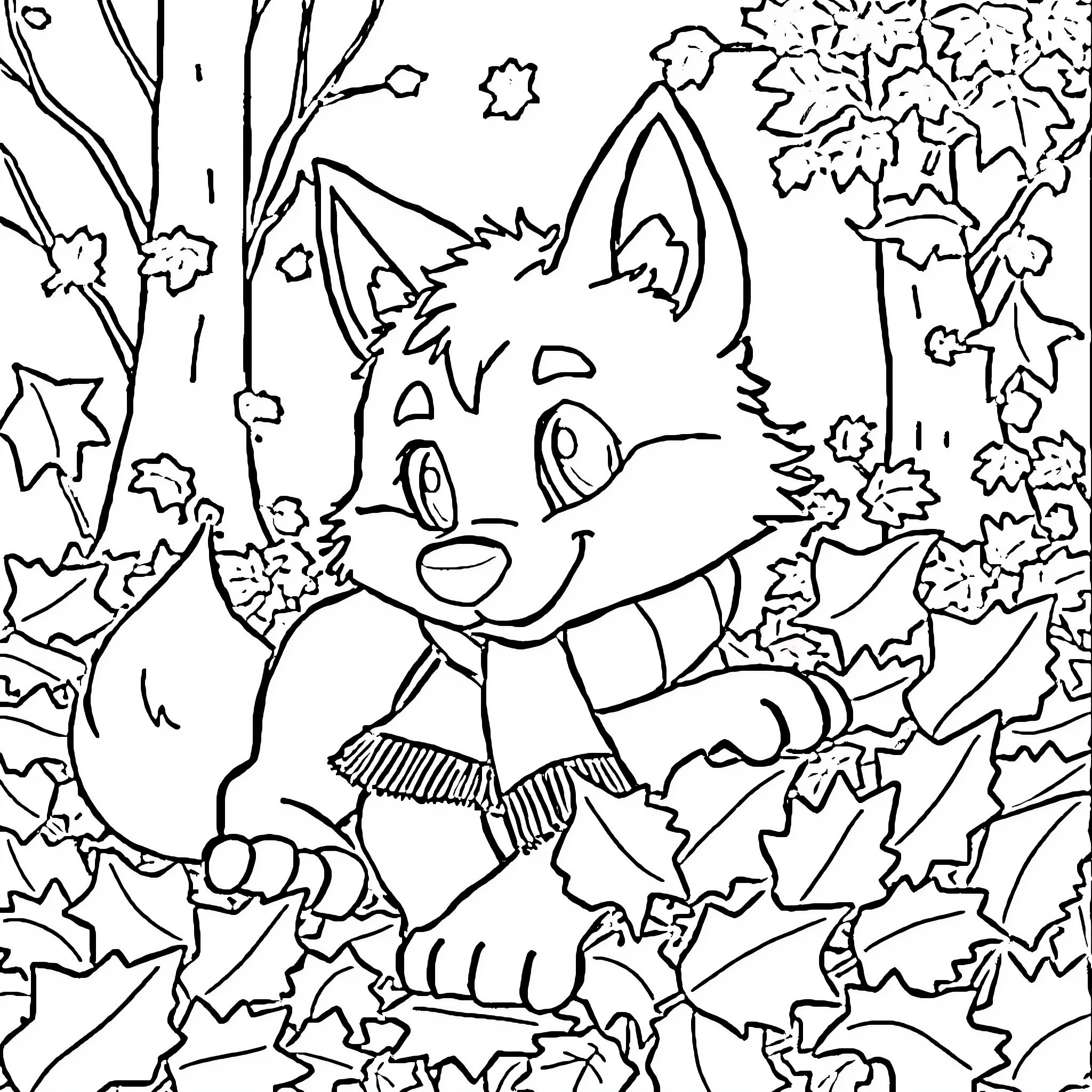 Wolf enjoying the autumn leaves Coloring Page (free black-and-white line drawing printable PDF for all, from beginners to advanced learners, including children, teens, adults, and seniors)