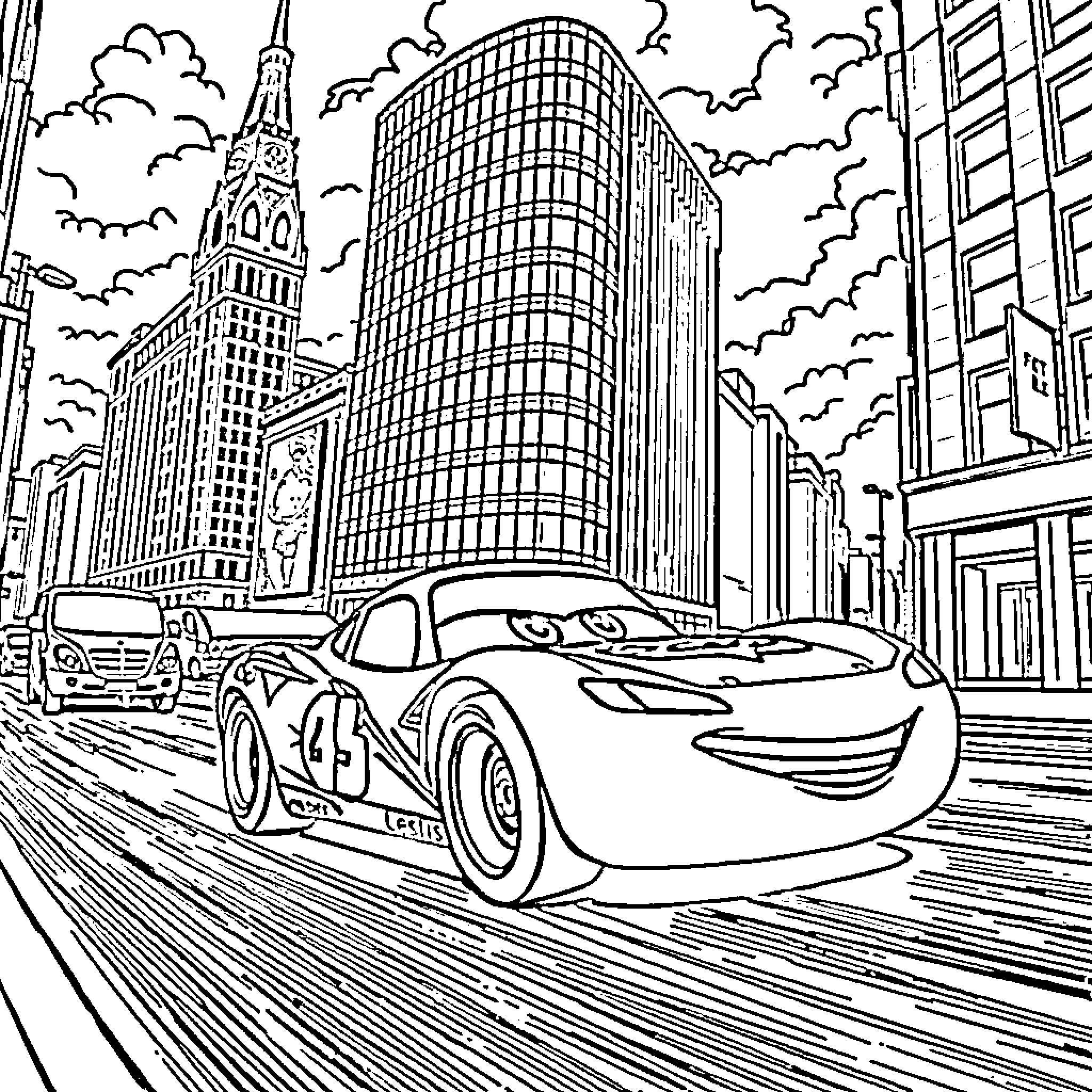Lightning McQueen Racing Through a Busy City Coloring Page (free black-and-white line drawing printable PDF for all, from beginners to advanced learners, including children, teens, adults, and seniors)