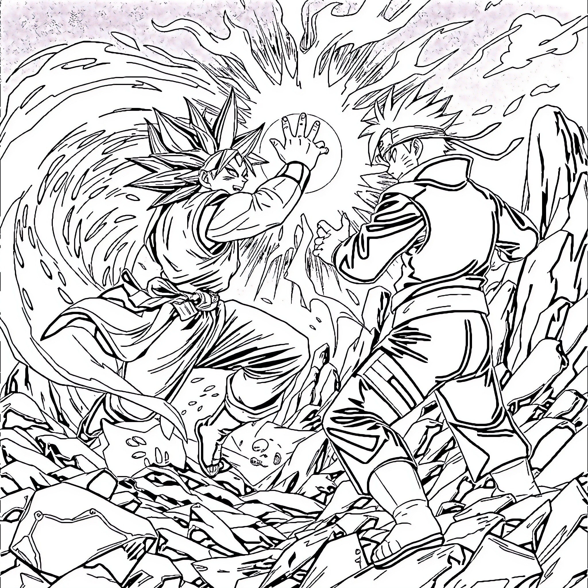 Goku's Epic Battle with Intense Energy Clash Coloring Page (free black-and-white line drawing printable PDF for all, from beginners to advanced learners, including children, teens, adults, and seniors)
