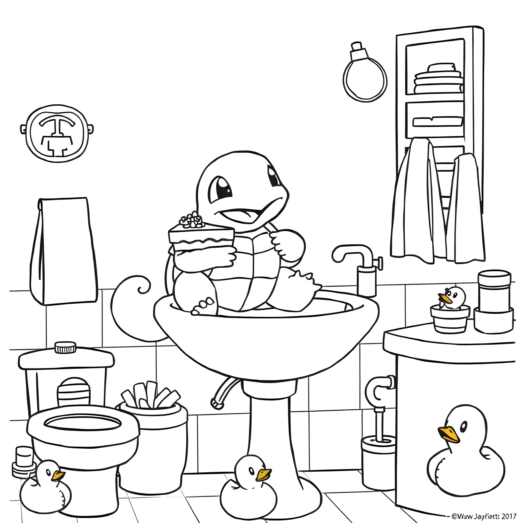 Squirtle enjoying bath time with rubber duckies in the bathroom Coloring Page (free black-and-white line drawing printable PDF for all, from beginners to advanced learners, including children, teens, adults, and seniors)
