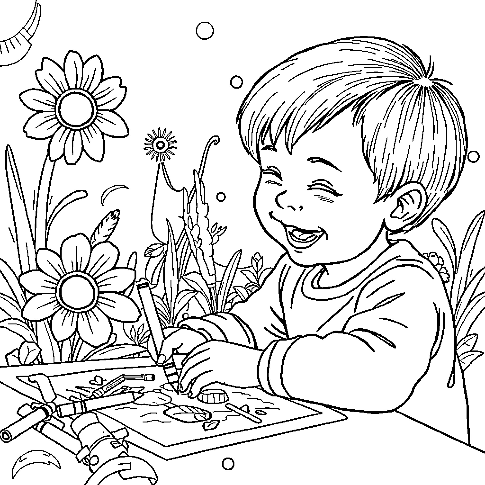 Boy happily coloring in a garden Coloring Page (free black-and-white line drawing printable PDF for all, from beginners to advanced learners, including children, teens, adults, and seniors)
