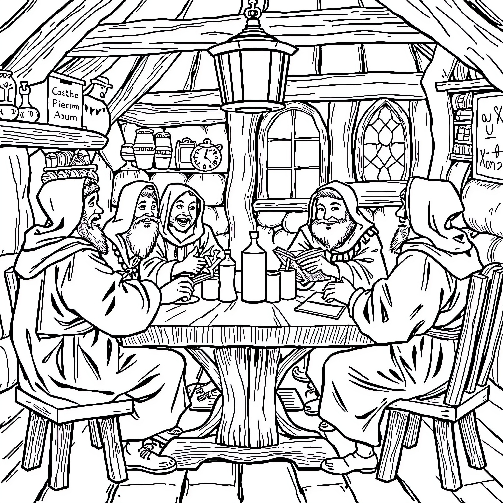 Pilgrim gathering in a cozy tavern Coloring Page (free black-and-white line drawing printable PDF for all, from beginners to advanced learners, including children, teens, adults, and seniors)