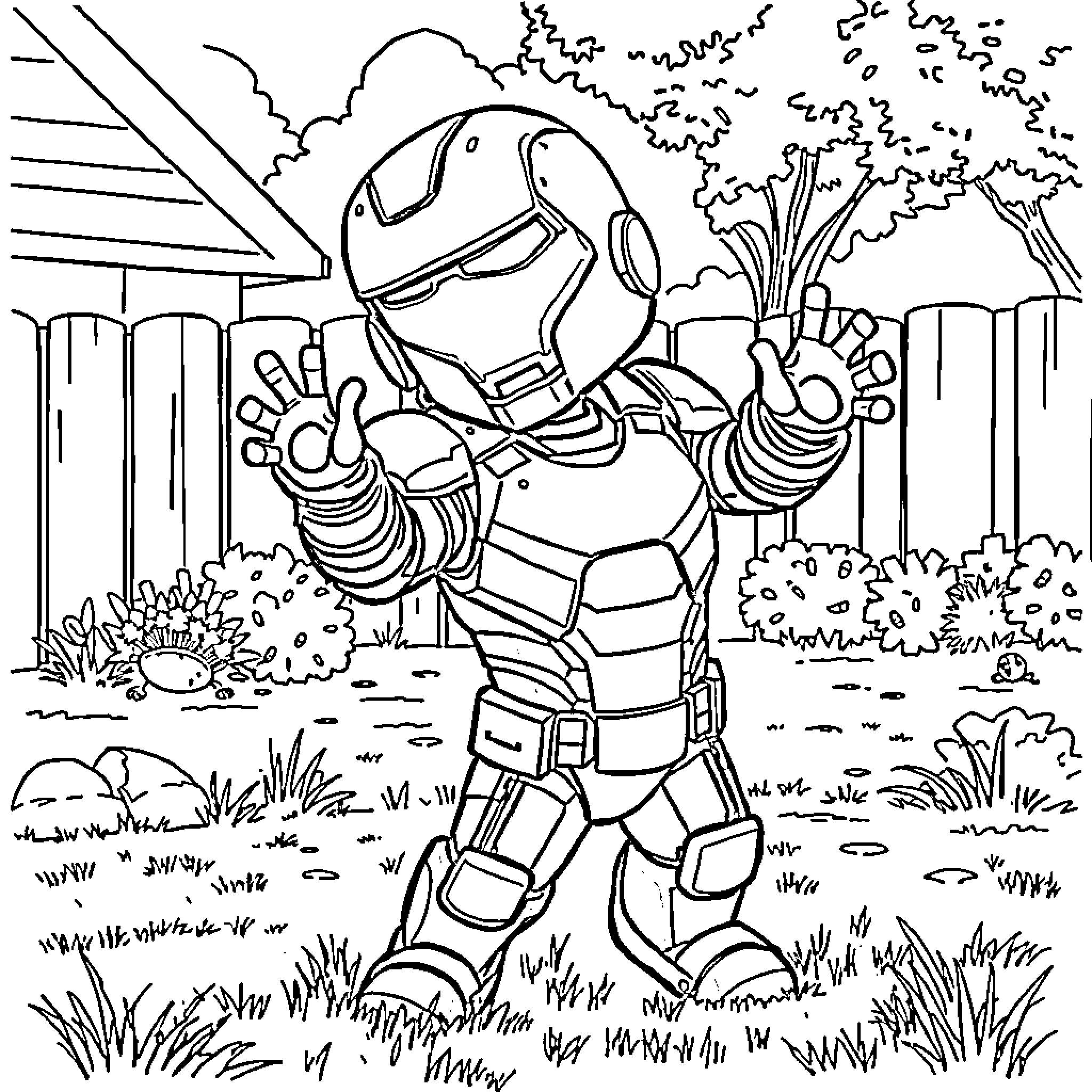 Iron Man in an outdoor nature setting Coloring Page (free black-and-white line drawing printable PDF for all, from beginners to advanced learners, including children, teens, adults, and seniors)