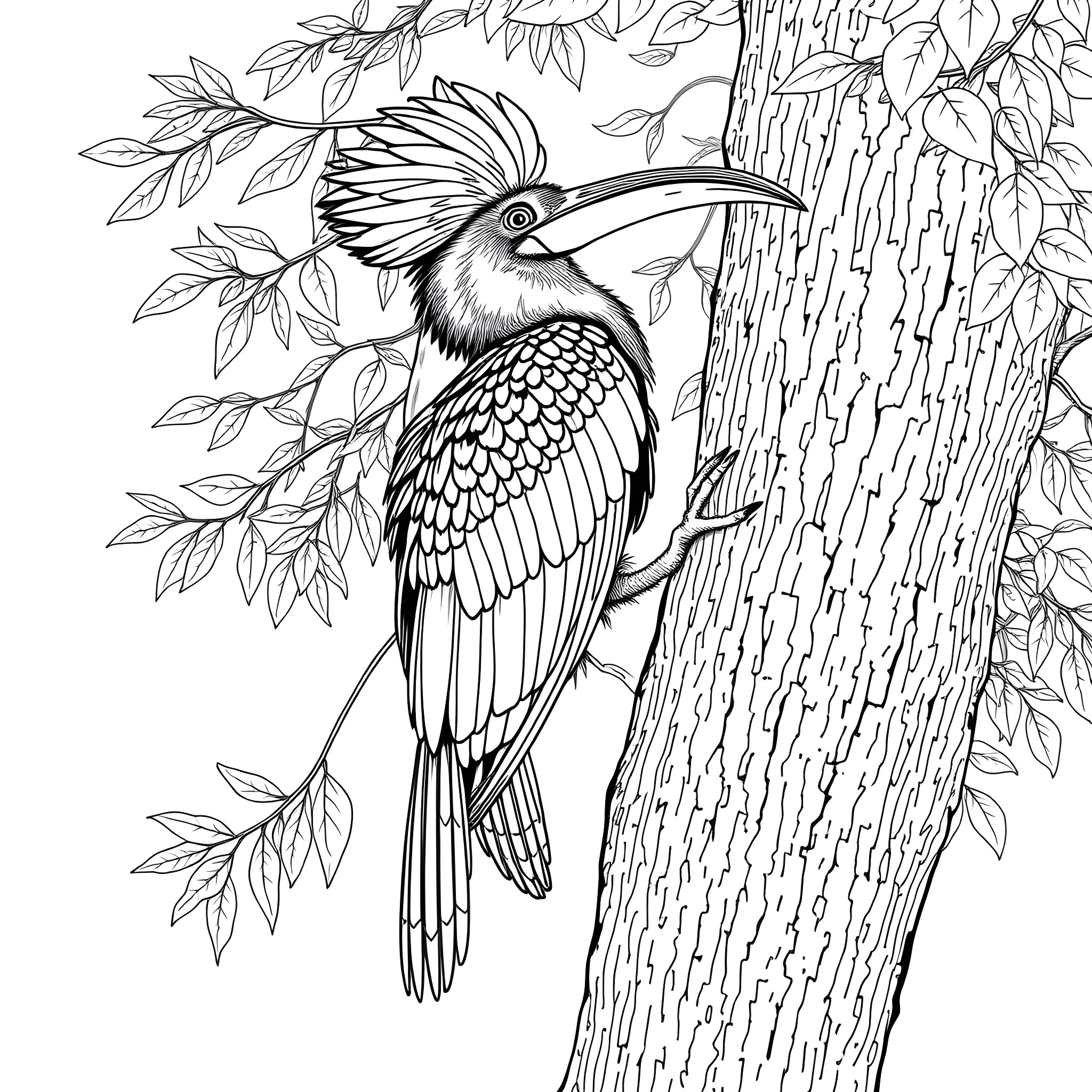Hornbill perched on a tree branch with leaves Coloring Page (free black-and-white line drawing printable PDF for all, from beginners to advanced learners, including children, teens, adults, and seniors)