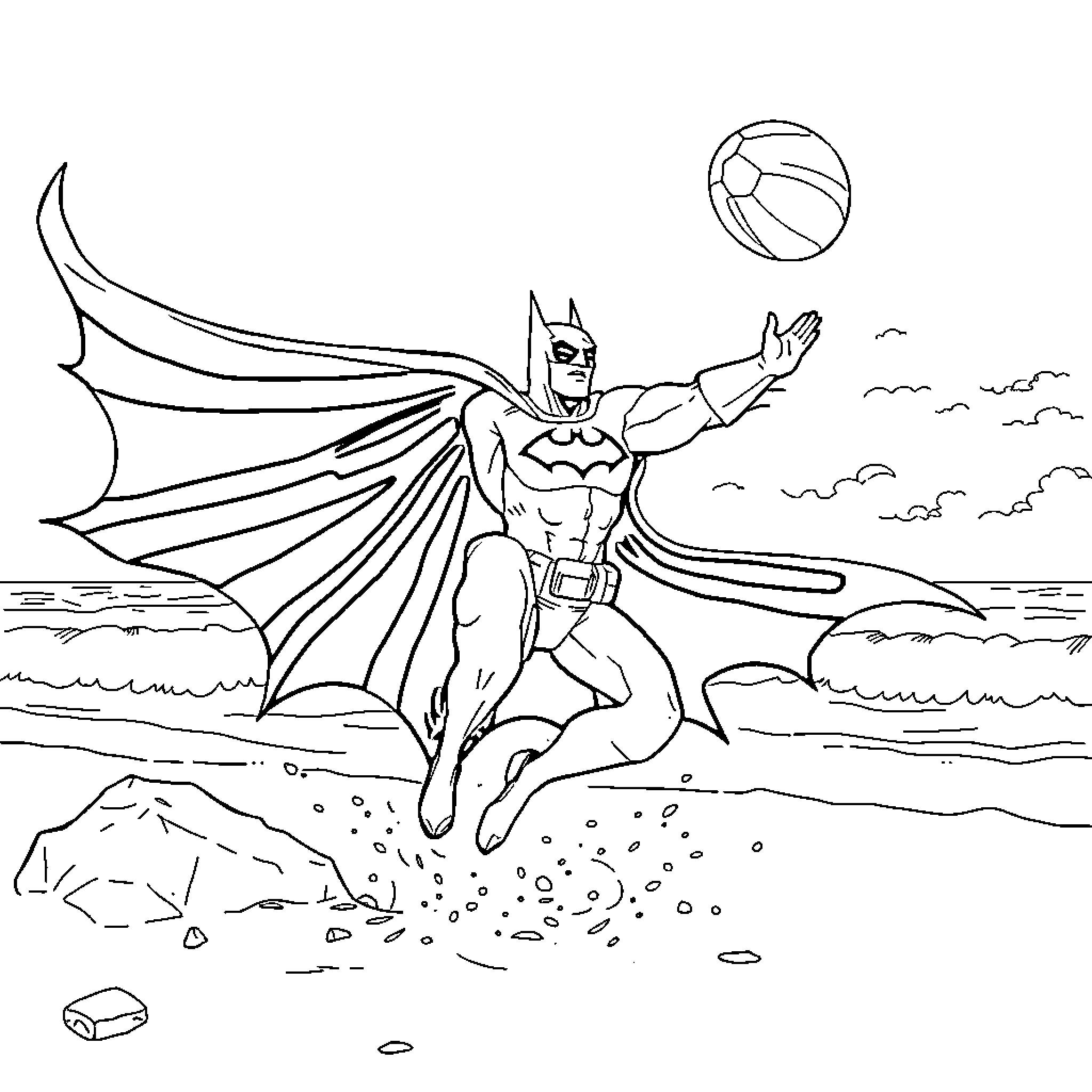 Batman enjoying a beach volleyball game Coloring Page (free black-and-white line drawing printable PDF for all, from beginners to advanced learners, including children, teens, adults, and seniors)