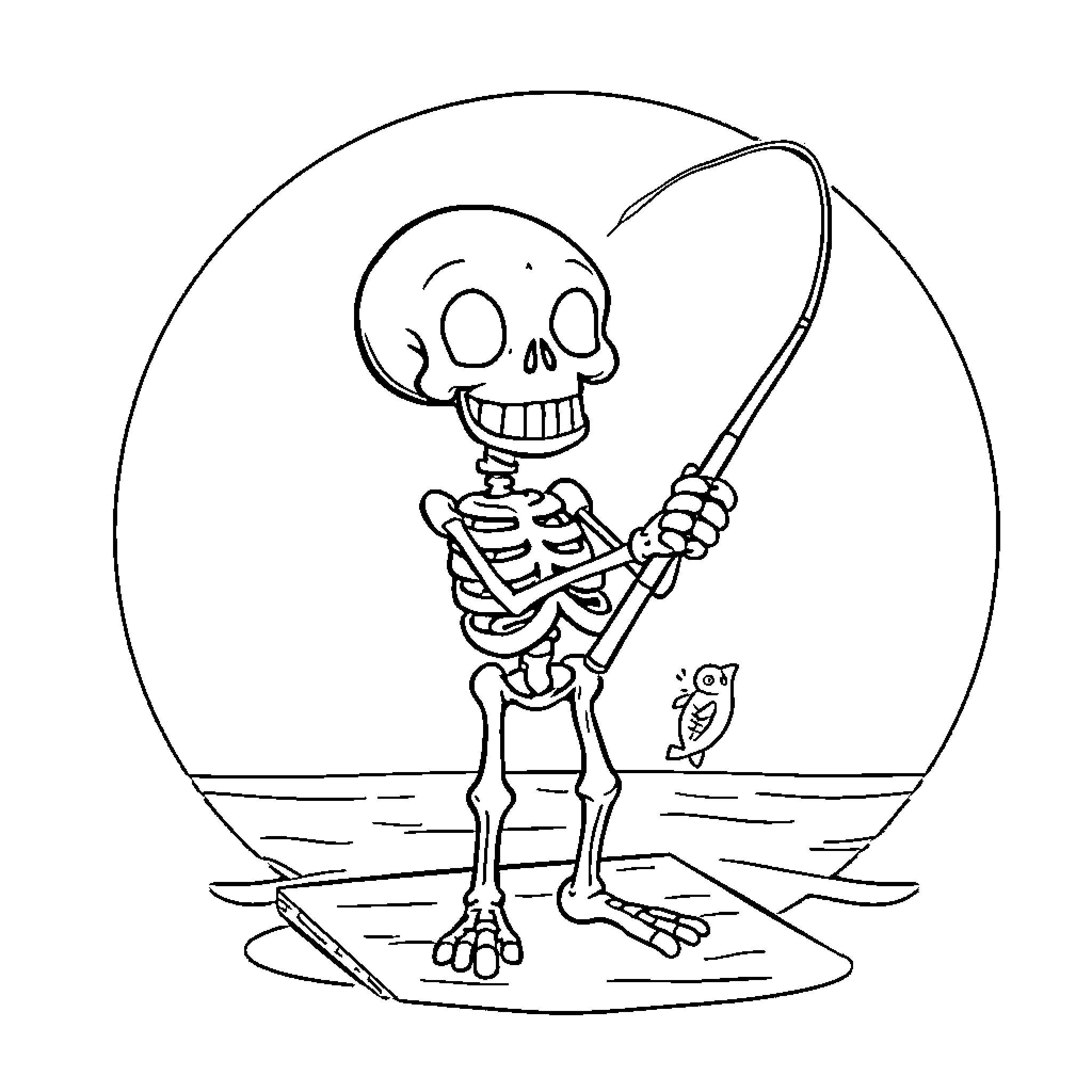 Skeleton Fishing Happily with Hook Coloring Page (free black-and-white line drawing printable PDF for all, from beginners to advanced learners, including children, teens, adults, and seniors)