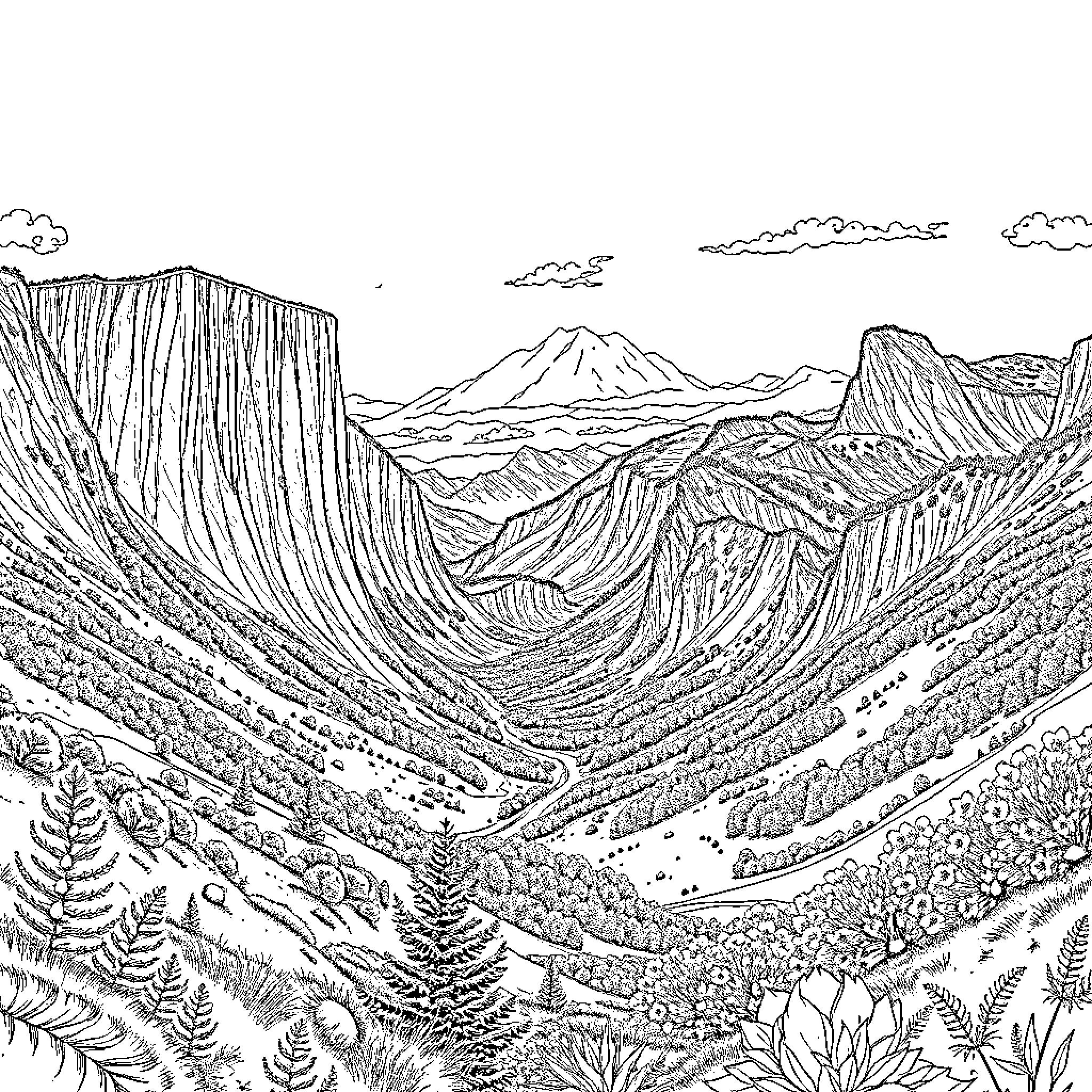 Landscape of Majestic Mountains and Lush Valleys Coloring Page (free black-and-white line drawing printable PDF for all, from beginners to advanced learners, including children, teens, adults, and seniors)