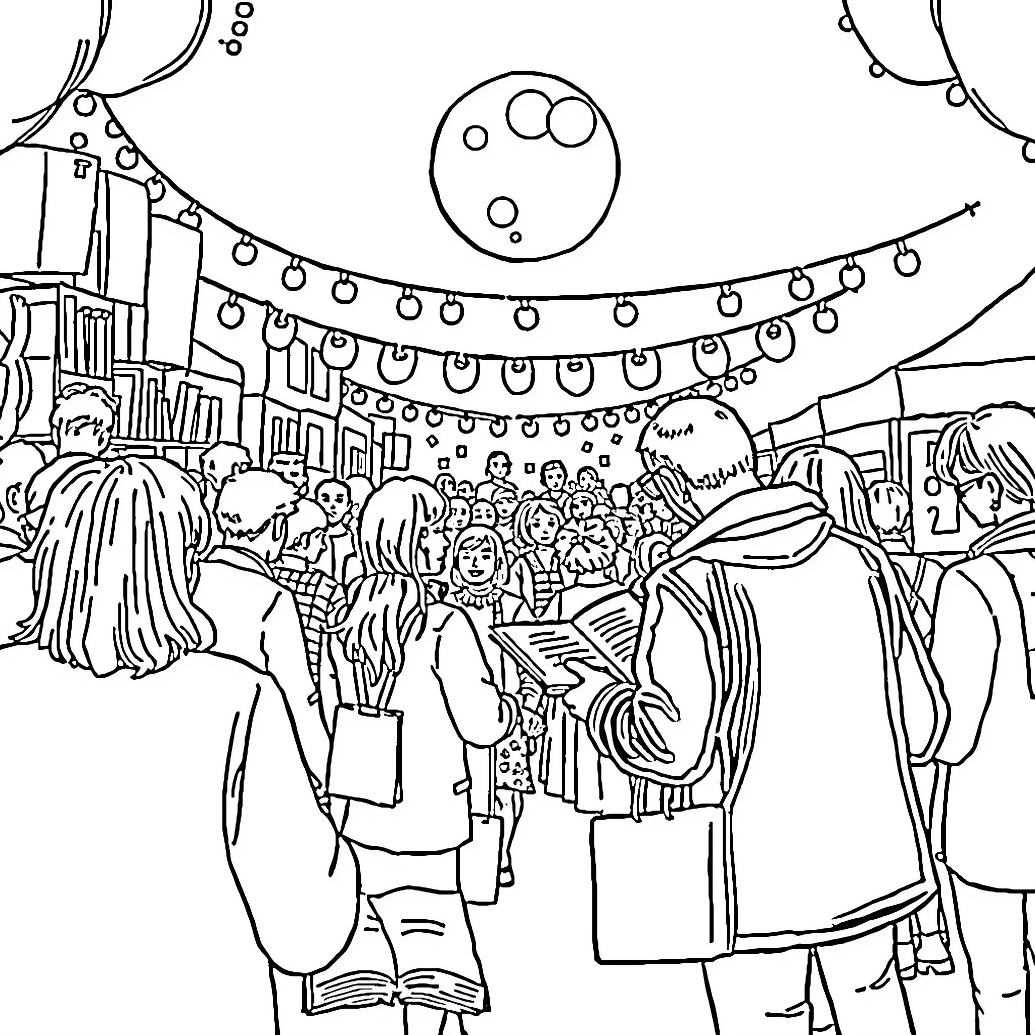 Reading Fiesta: Lively Crowd at a Festive Gathering Coloring Page (free black-and-white line drawing printable PDF for all, from beginners to advanced learners, including children, teens, adults, and seniors)